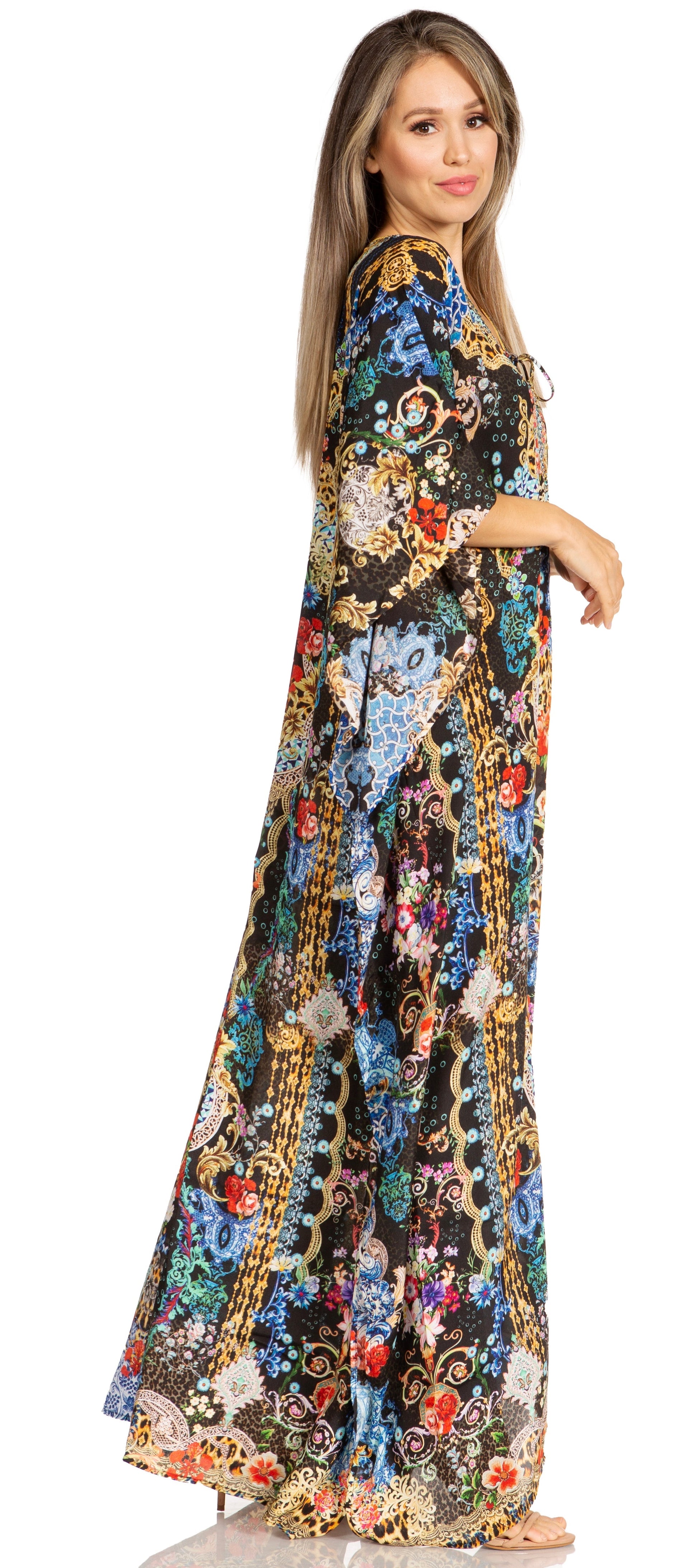 Sakkas Yeni Women's Short Sleeve V-neck Summer Floral Long Caftan Dress Cover-up - Concordia Style Boutique