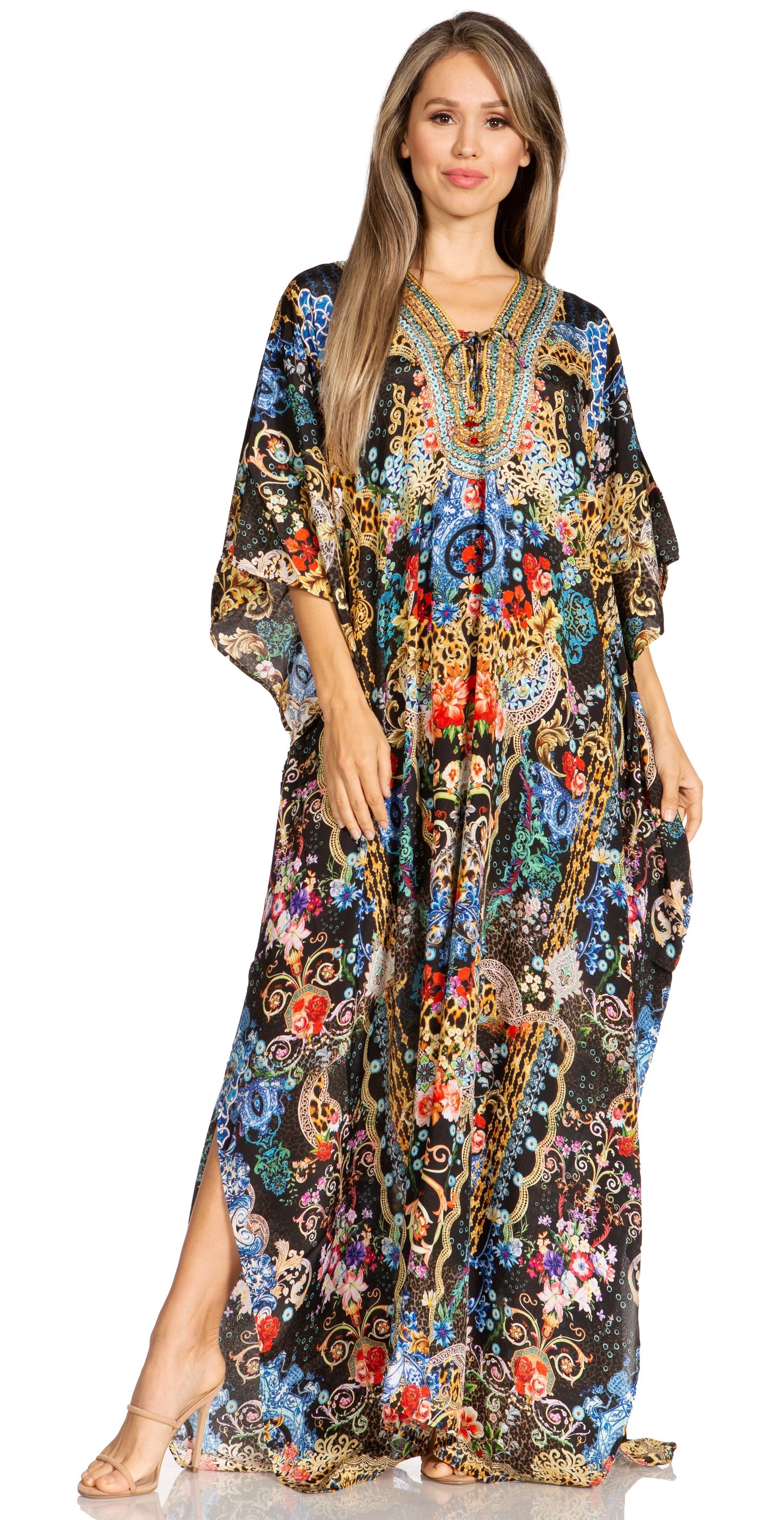 Sakkas Yeni Women's Short Sleeve V-neck Summer Floral Long Caftan Dress Cover-up - Concordia Style Boutique