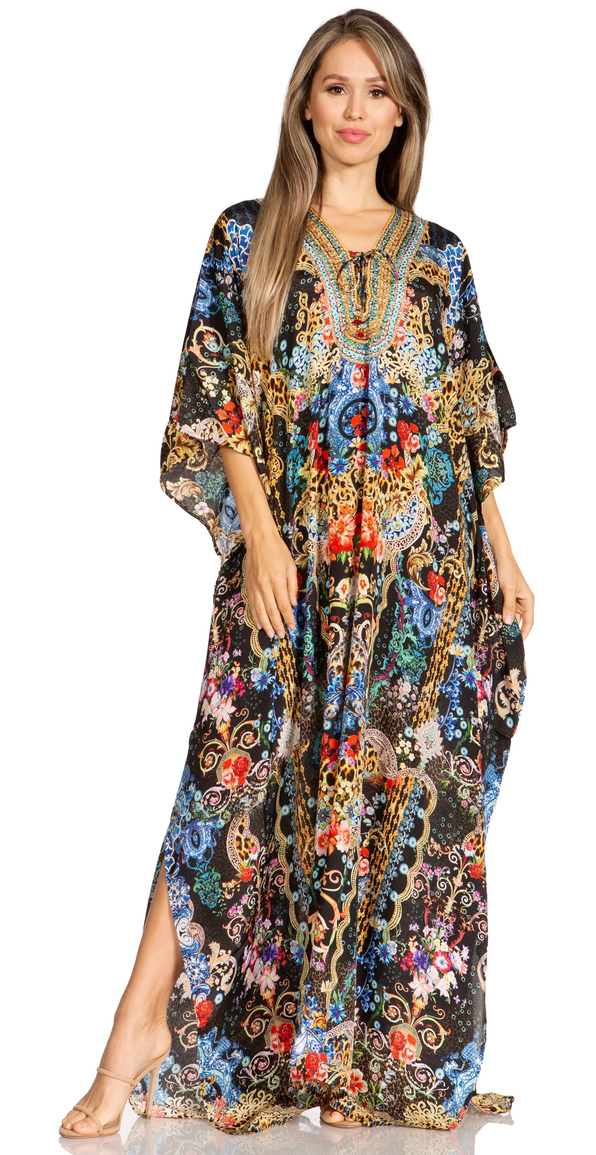 Sakkas Yeni Women's Short Sleeve V-neck Summer Floral Long Caftan Dress Cover-up - Concordia Style Boutique