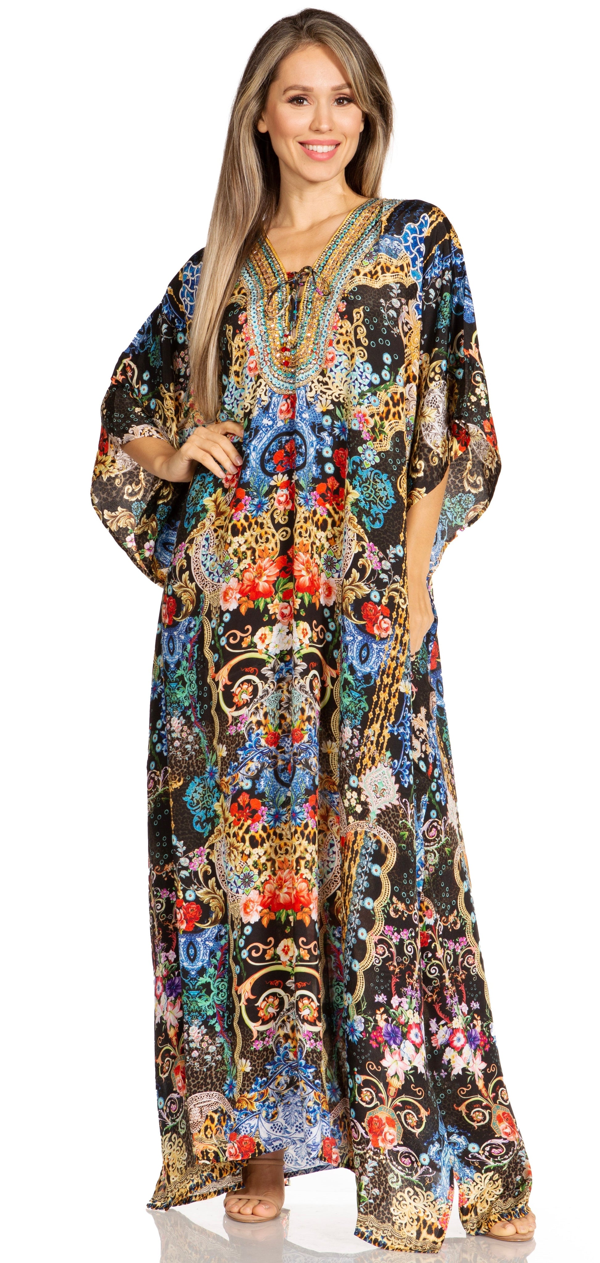 Sakkas Yeni Women's Short Sleeve V-neck Summer Floral Long Caftan Dress Cover-up - Concordia Style Boutique