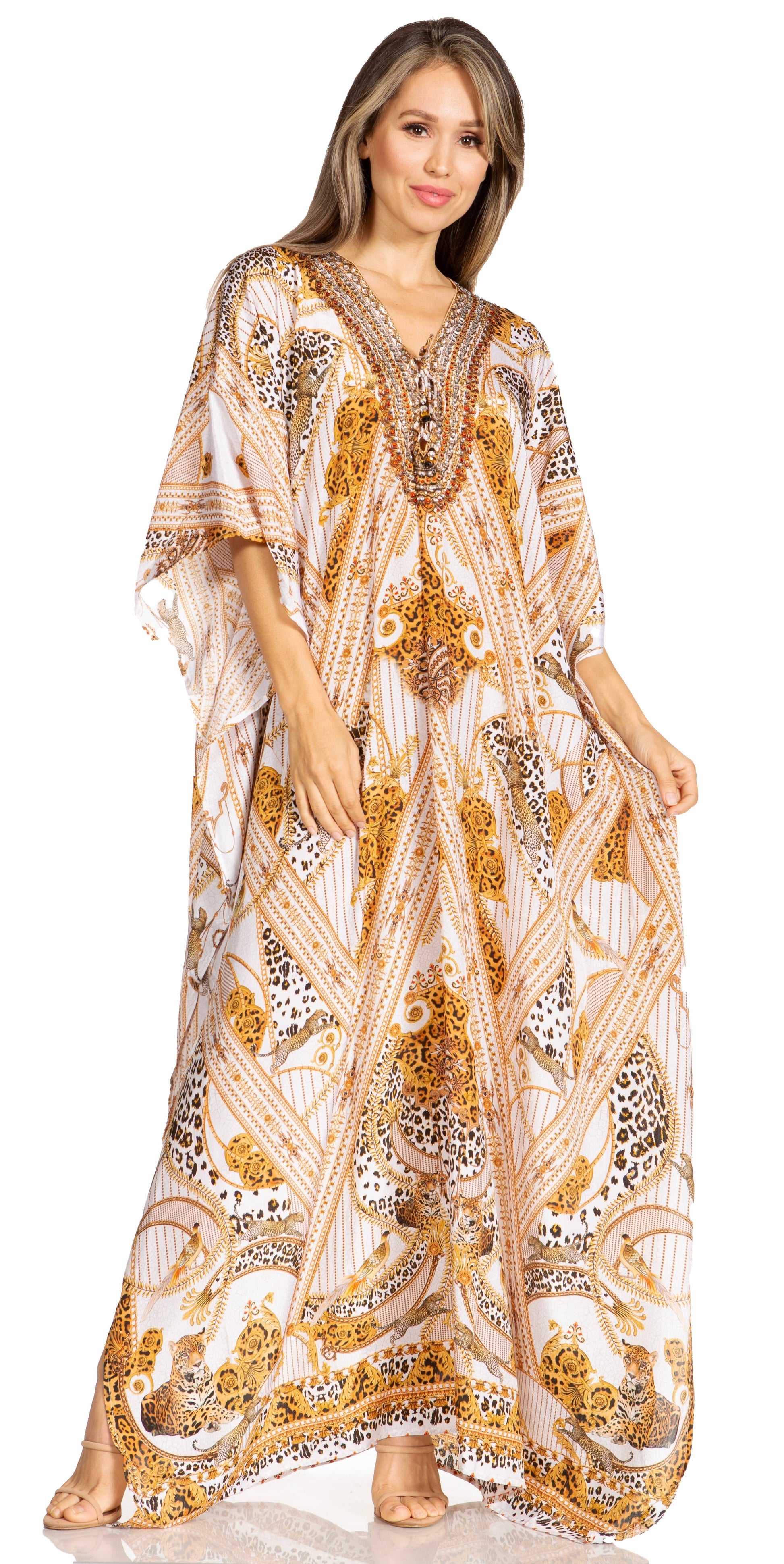 Sakkas Yeni Women's Short Sleeve V-neck Summer Floral Long Caftan Dress Cover-up - Concordia Style Boutique