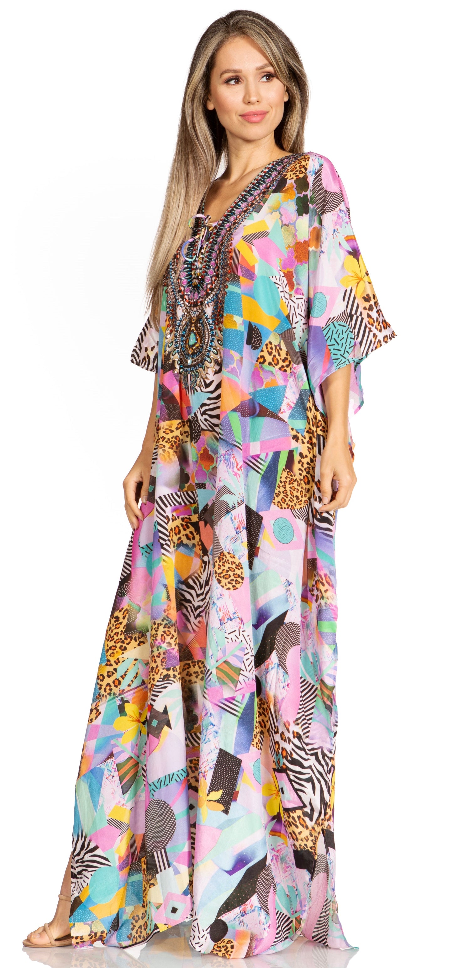 Sakkas Yeni Women's Short Sleeve V-neck Summer Floral Long Caftan Dress Cover-up - Concordia Style Boutique