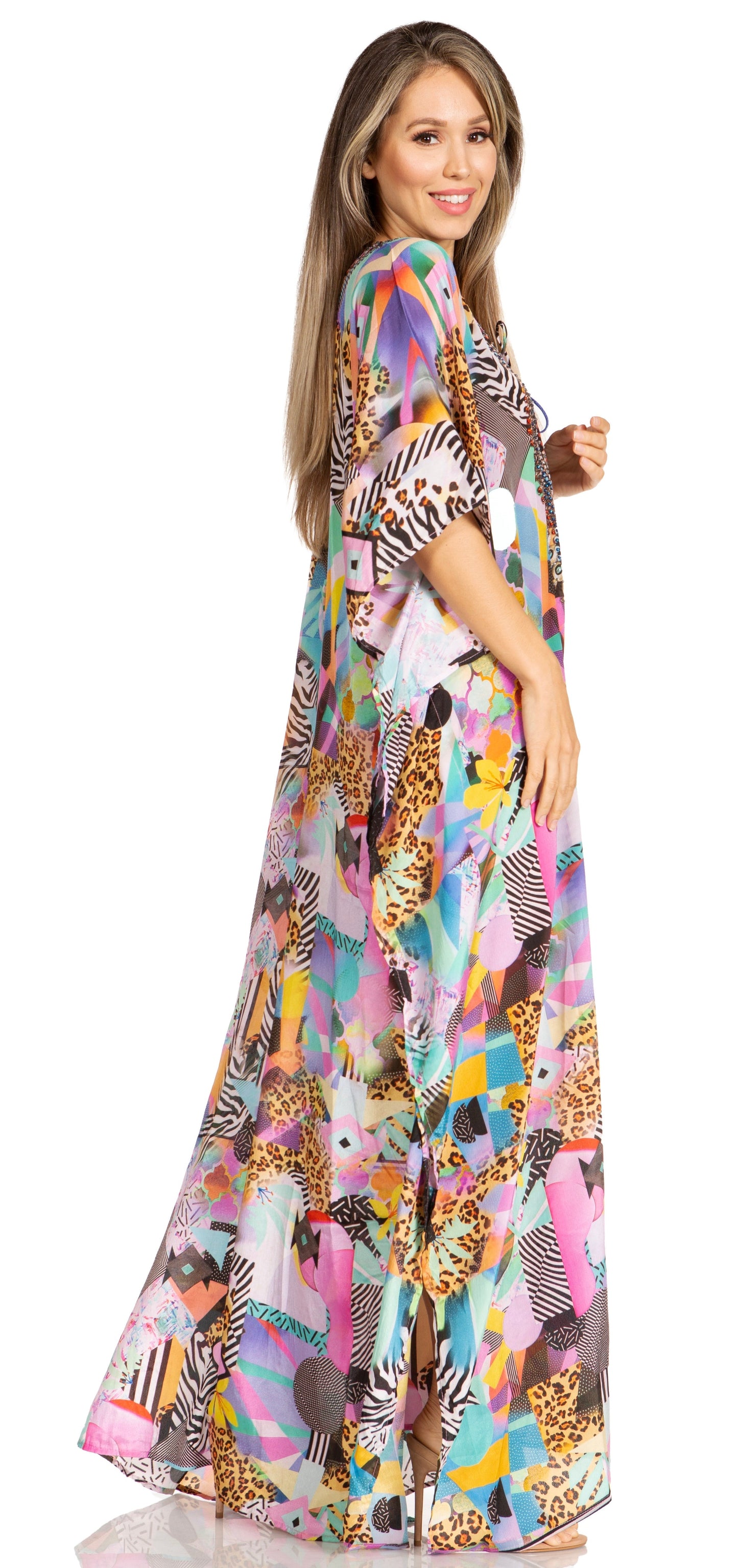 Sakkas Yeni Women's Short Sleeve V-neck Summer Floral Long Caftan Dress Cover-up - Concordia Style Boutique