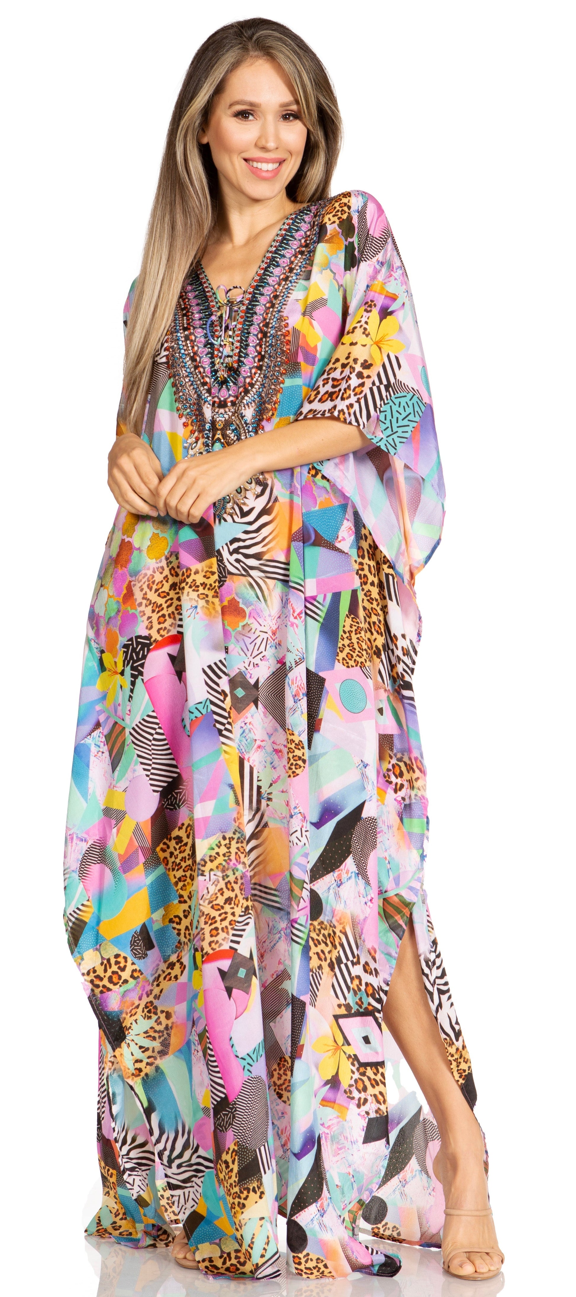 Sakkas Yeni Women's Short Sleeve V-neck Summer Floral Long Caftan Dress Cover-up - Concordia Style Boutique