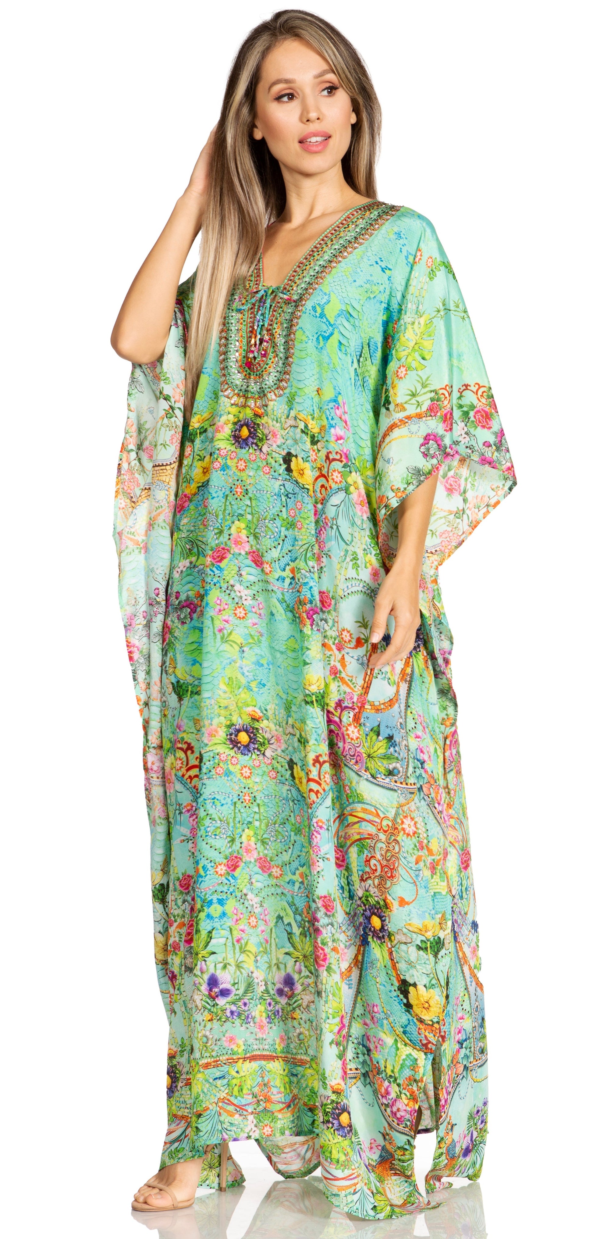 Sakkas Yeni Women's Short Sleeve V-neck Summer Floral Long Caftan Dress Cover-up - Concordia Style Boutique