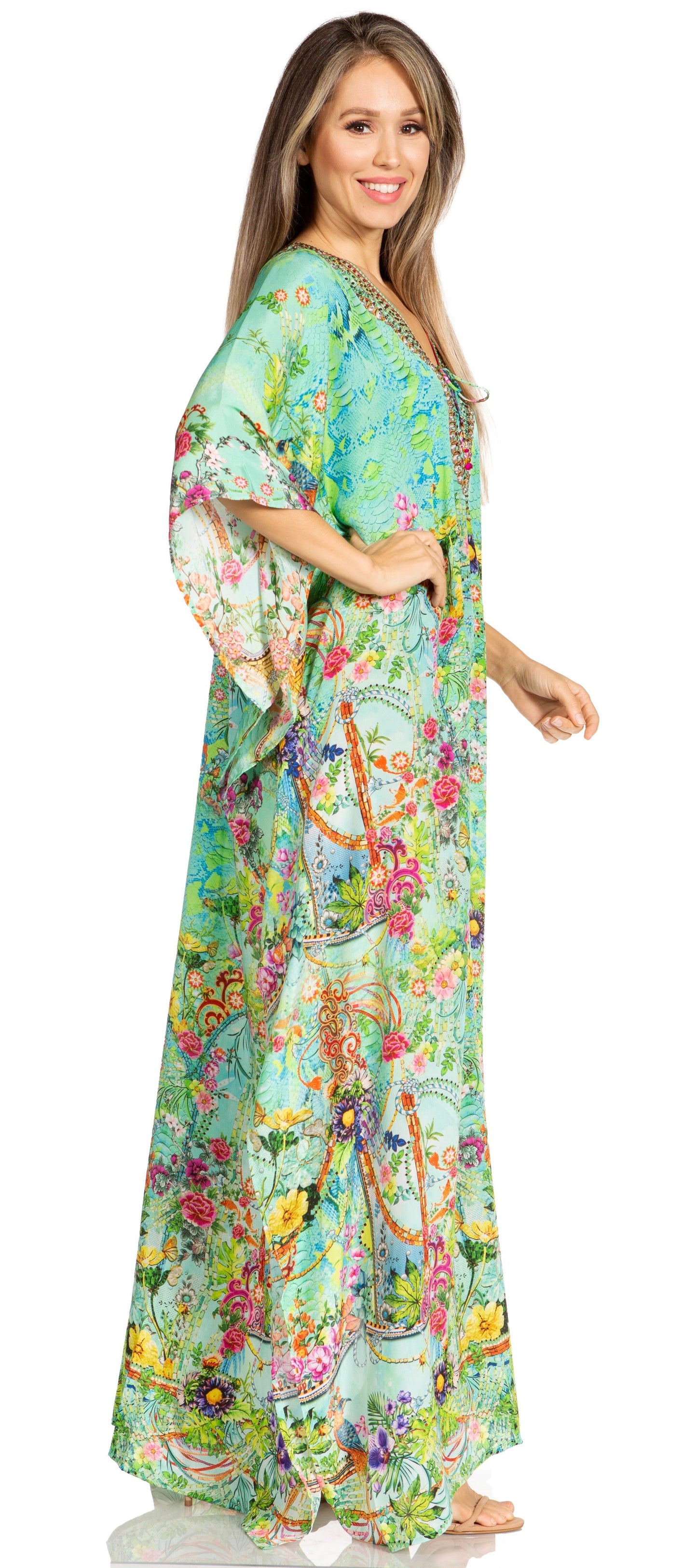 Sakkas Yeni Women's Short Sleeve V-neck Summer Floral Long Caftan Dress Cover-up - Concordia Style Boutique