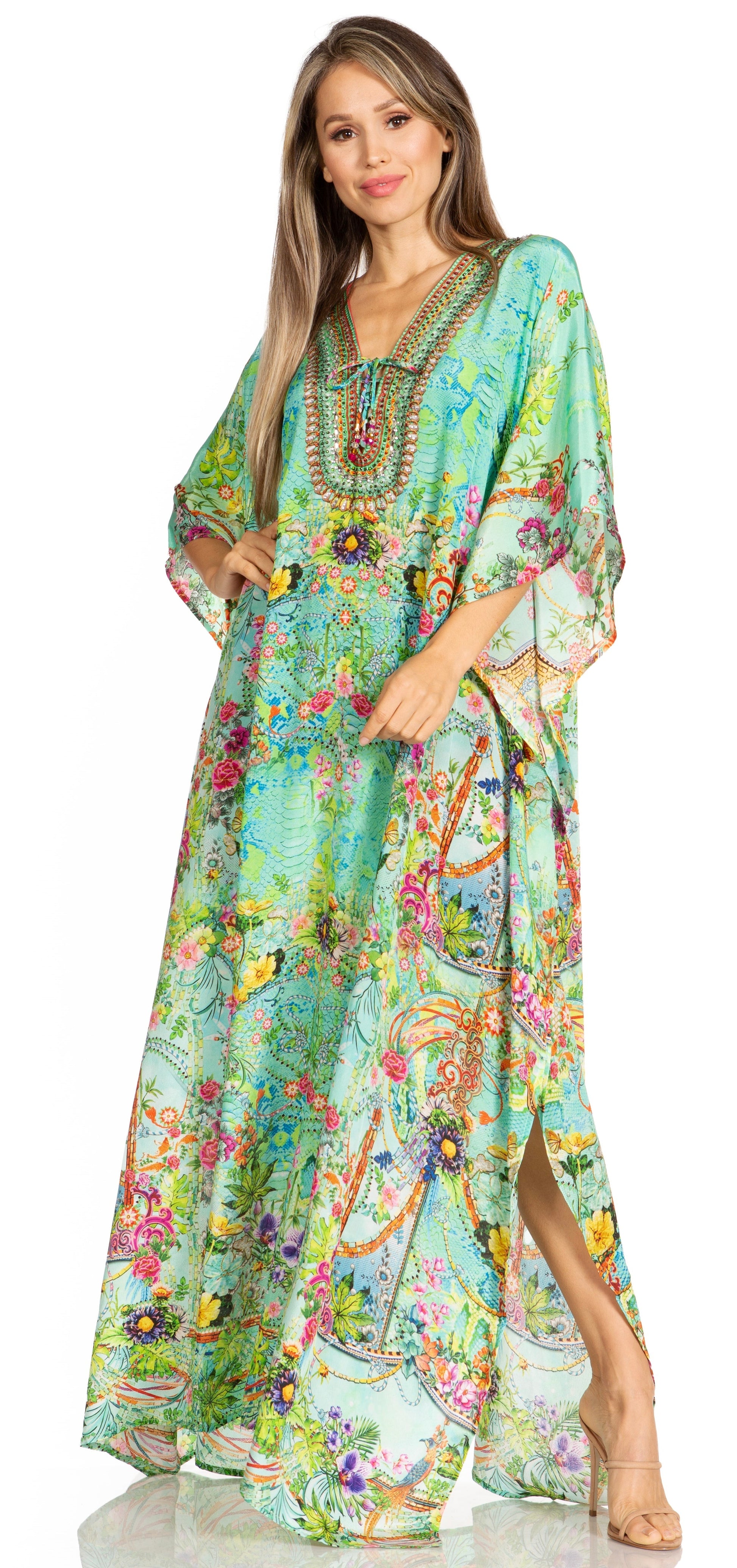 Sakkas Yeni Women's Short Sleeve V-neck Summer Floral Long Caftan Dress Cover-up - Concordia Style Boutique