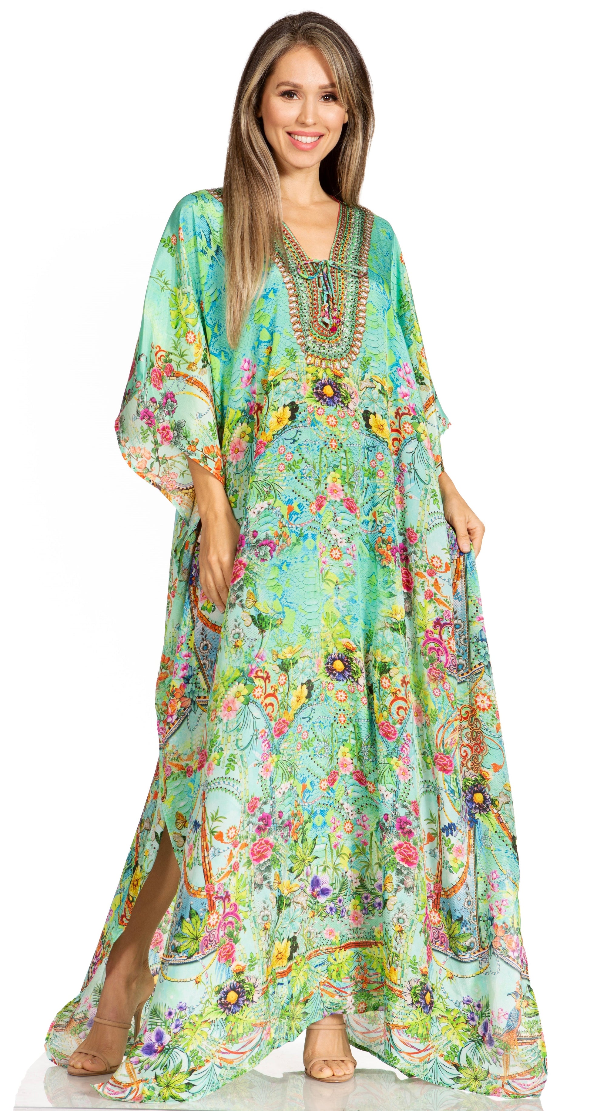 Sakkas Yeni Women's Short Sleeve V-neck Summer Floral Long Caftan Dress Cover-up - Concordia Style Boutique