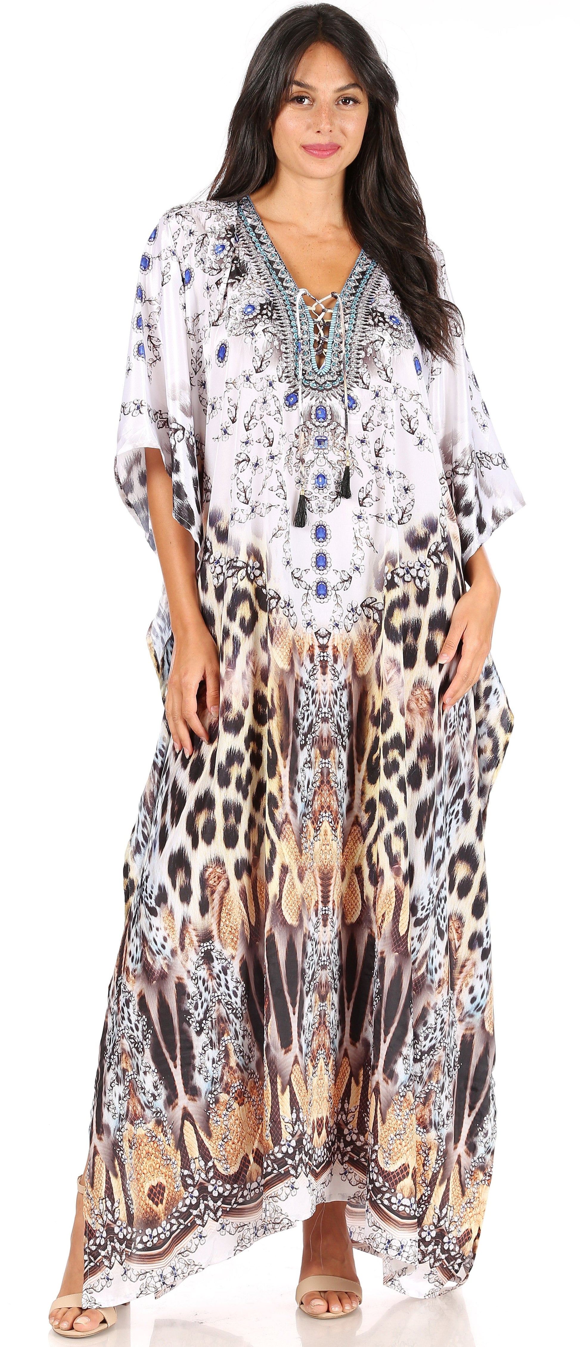 Sakkas Yeni Women's Short Sleeve V-neck Summer Floral Long Caftan Dress Cover-up - Concordia Style Boutique