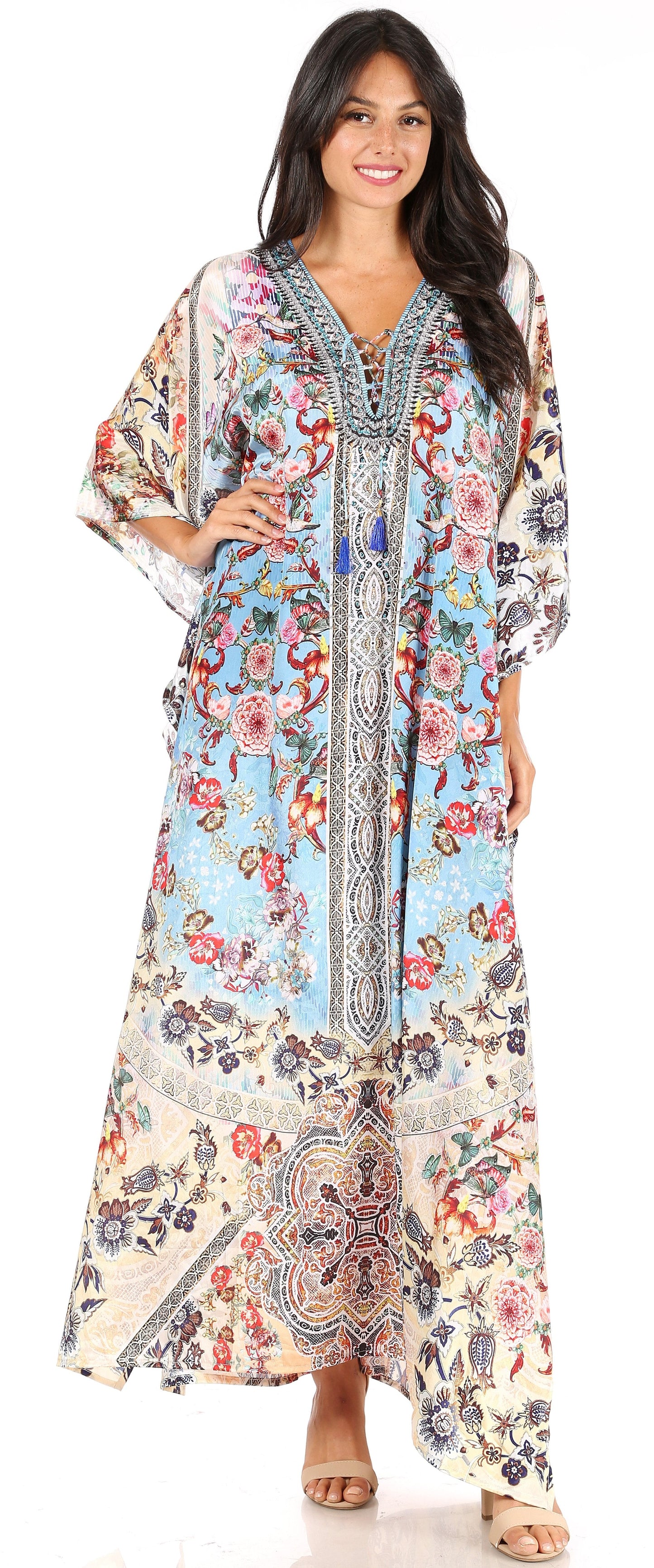 Sakkas Yeni Women's Short Sleeve V-neck Summer Floral Long Caftan Dress Cover-up - Concordia Style Boutique