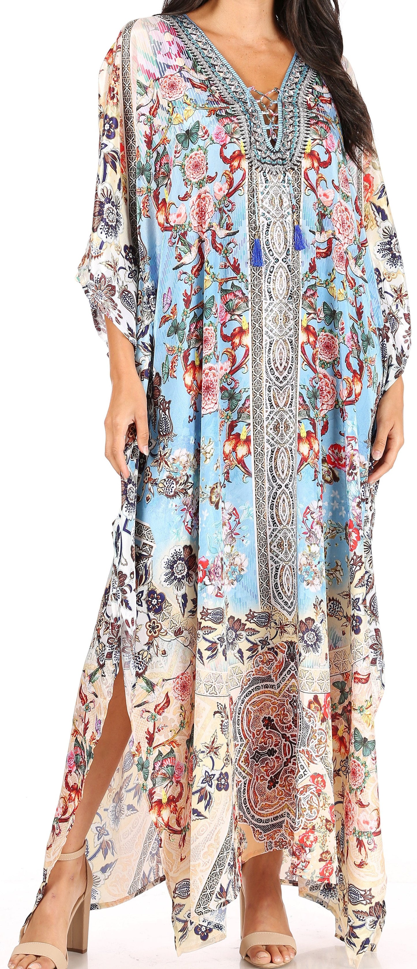 Sakkas Yeni Women's Short Sleeve V-neck Summer Floral Long Caftan Dress Cover-up - Concordia Style Boutique
