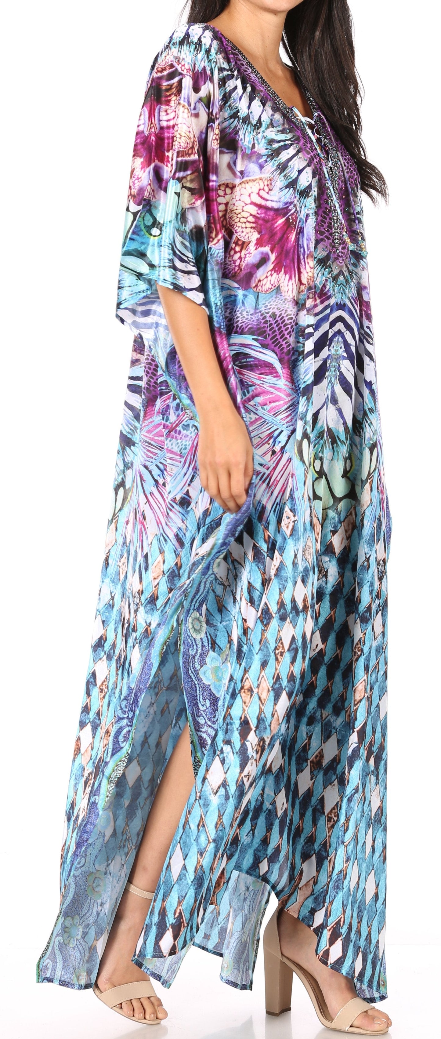 Sakkas Yeni Women's Short Sleeve V-neck Summer Floral Long Caftan Dress Cover-up - Concordia Style Boutique