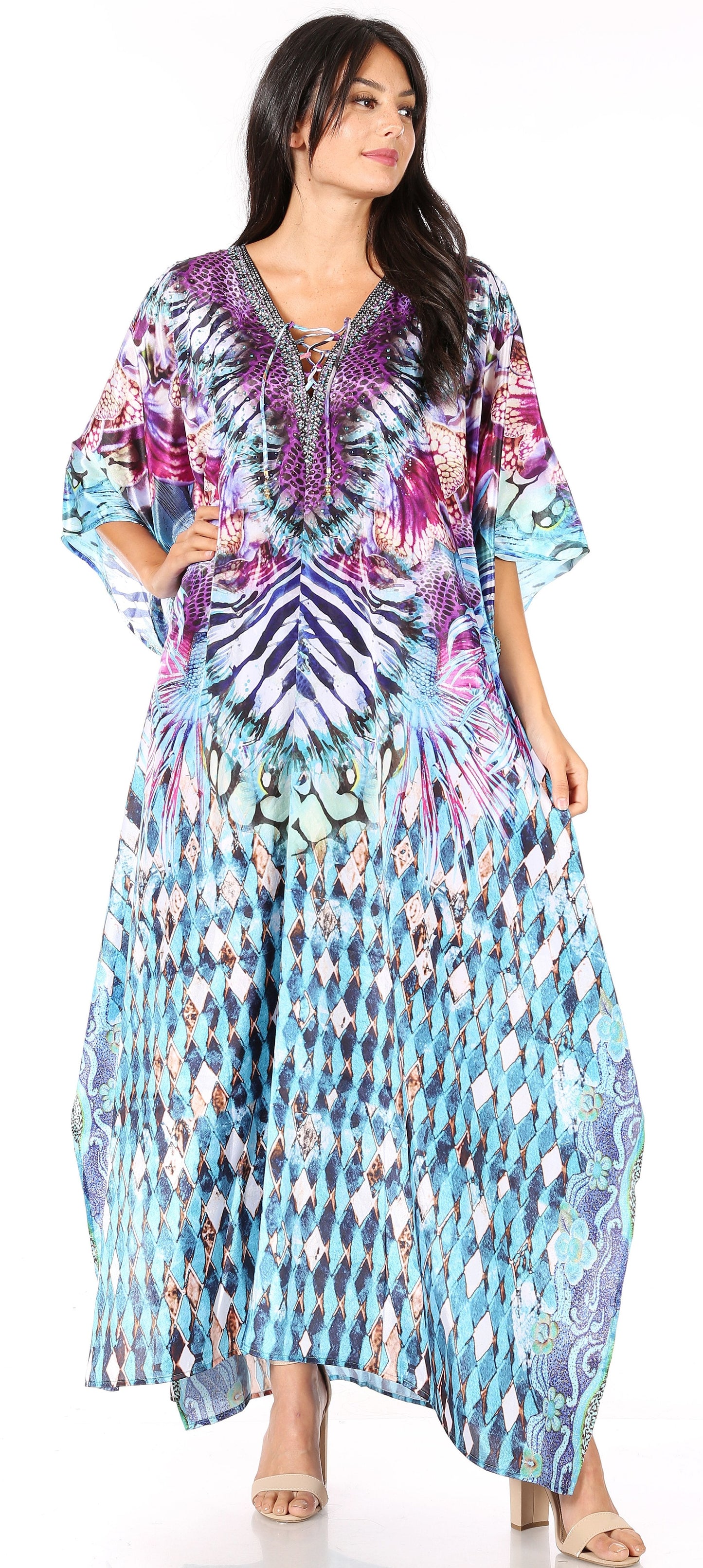 Sakkas Yeni Women's Short Sleeve V-neck Summer Floral Long Caftan Dress Cover-up - Concordia Style Boutique