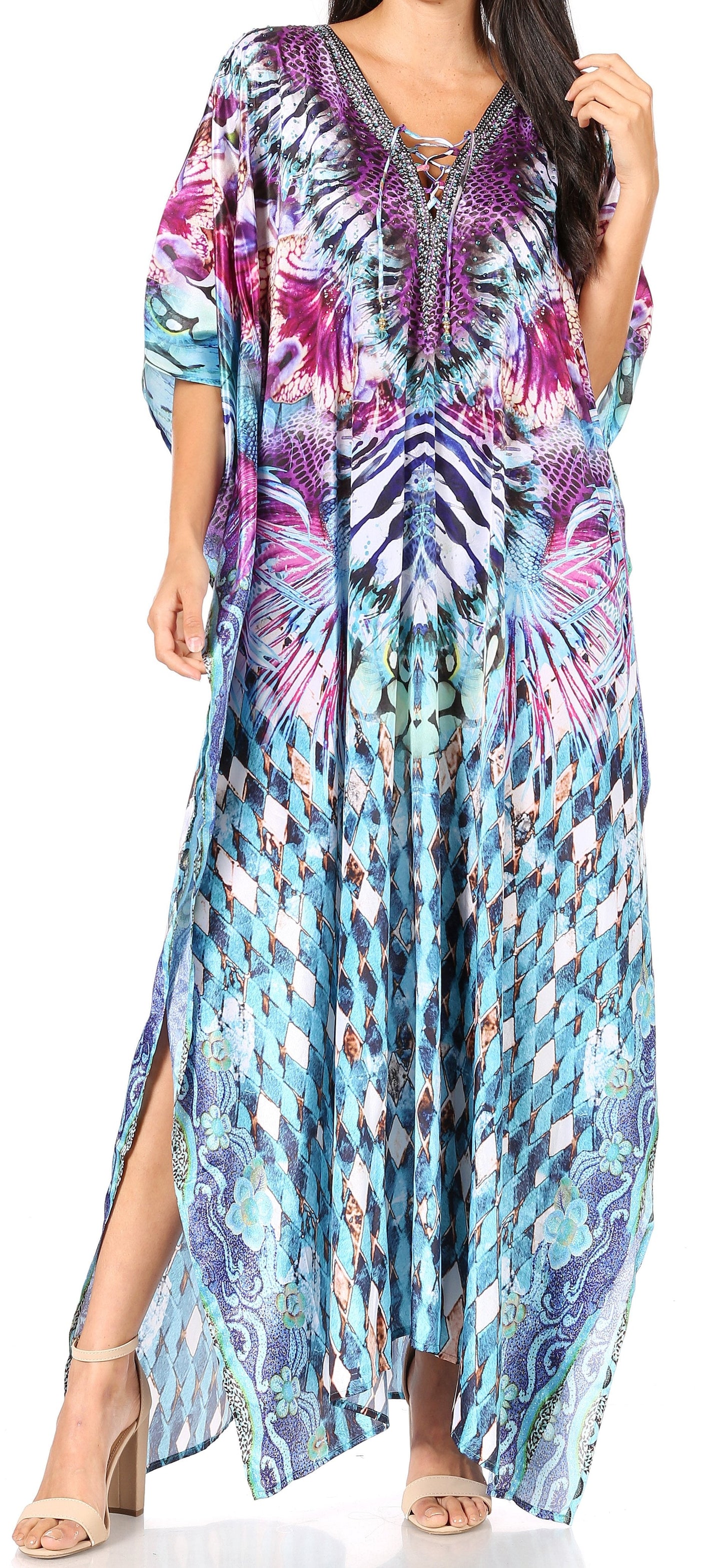 Sakkas Yeni Women's Short Sleeve V-neck Summer Floral Long Caftan Dress Cover-up - Concordia Style Boutique