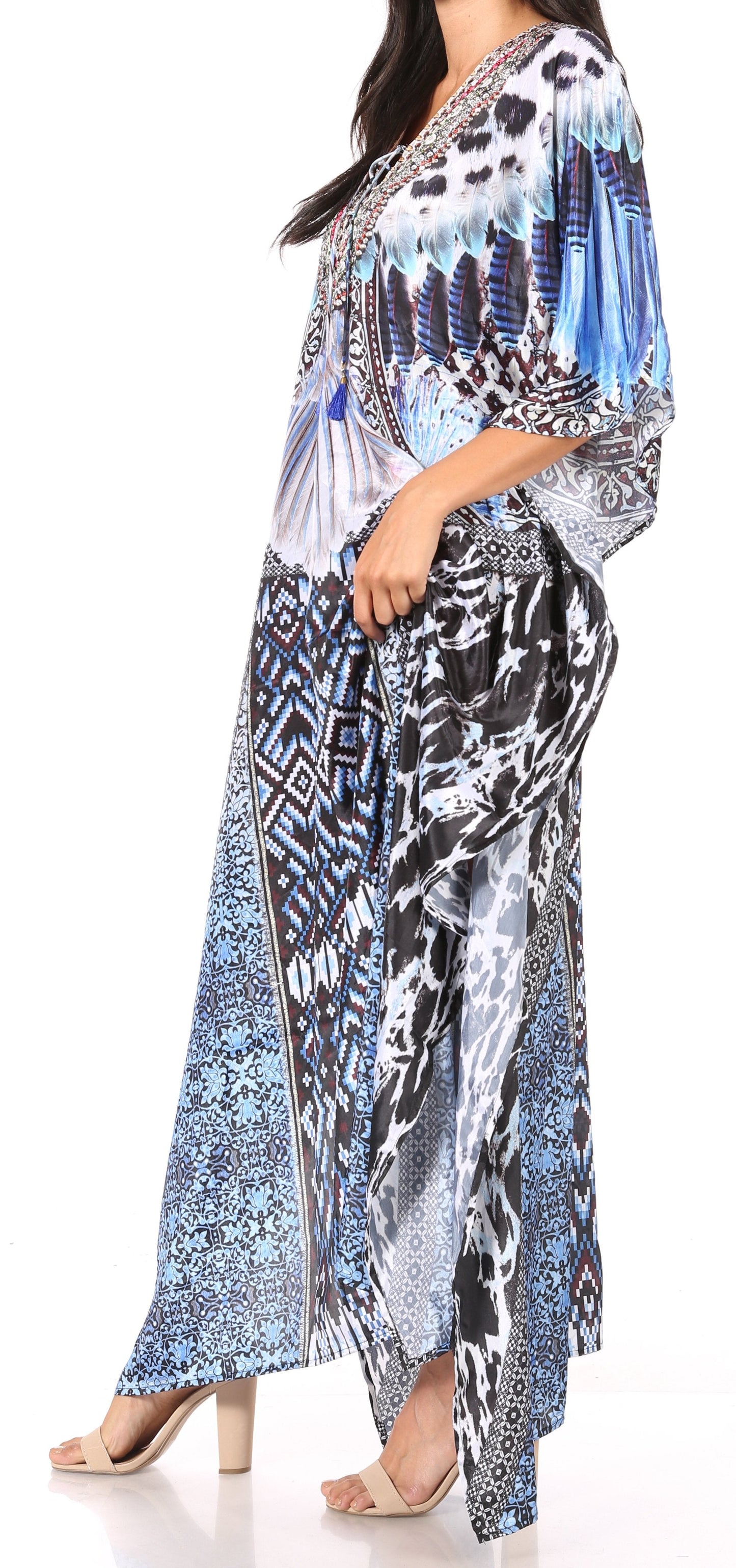 Sakkas Yeni Women's Short Sleeve V-neck Summer Floral Long Caftan Dress Cover-up - Concordia Style Boutique