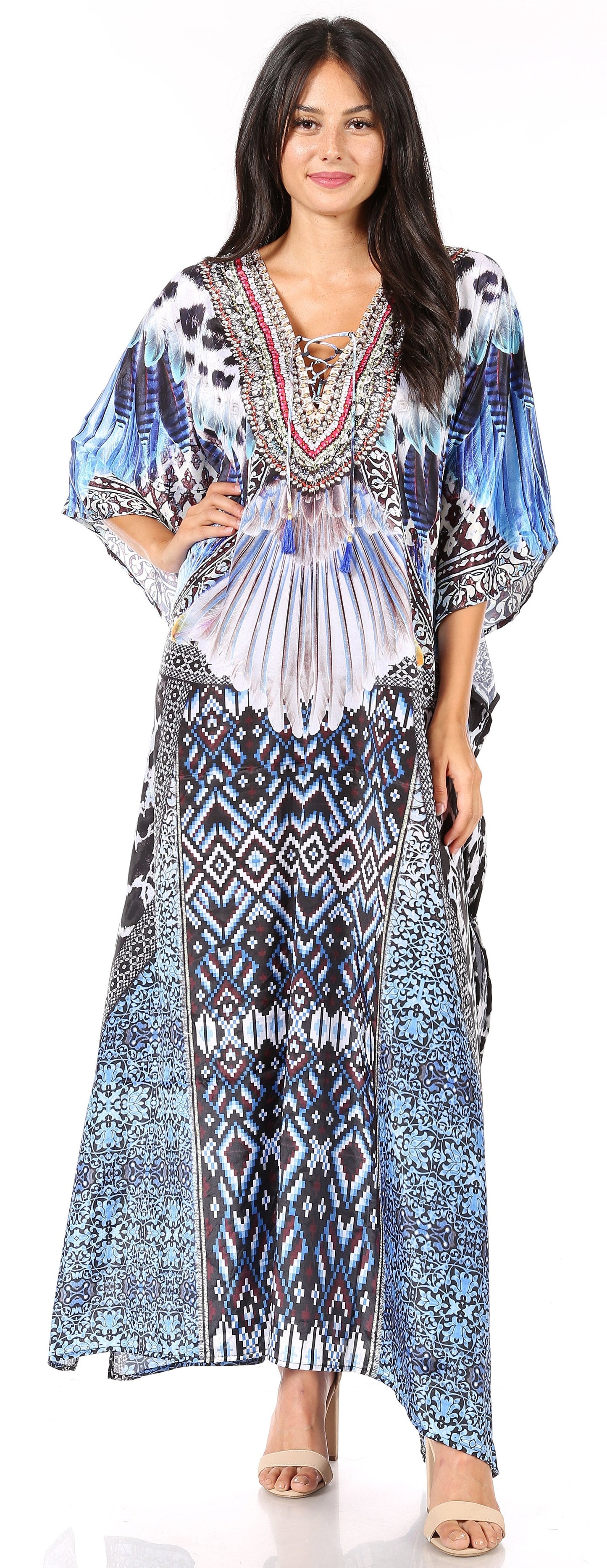 Sakkas Yeni Women's Short Sleeve V-neck Summer Floral Long Caftan Dress Cover-up - Concordia Style Boutique