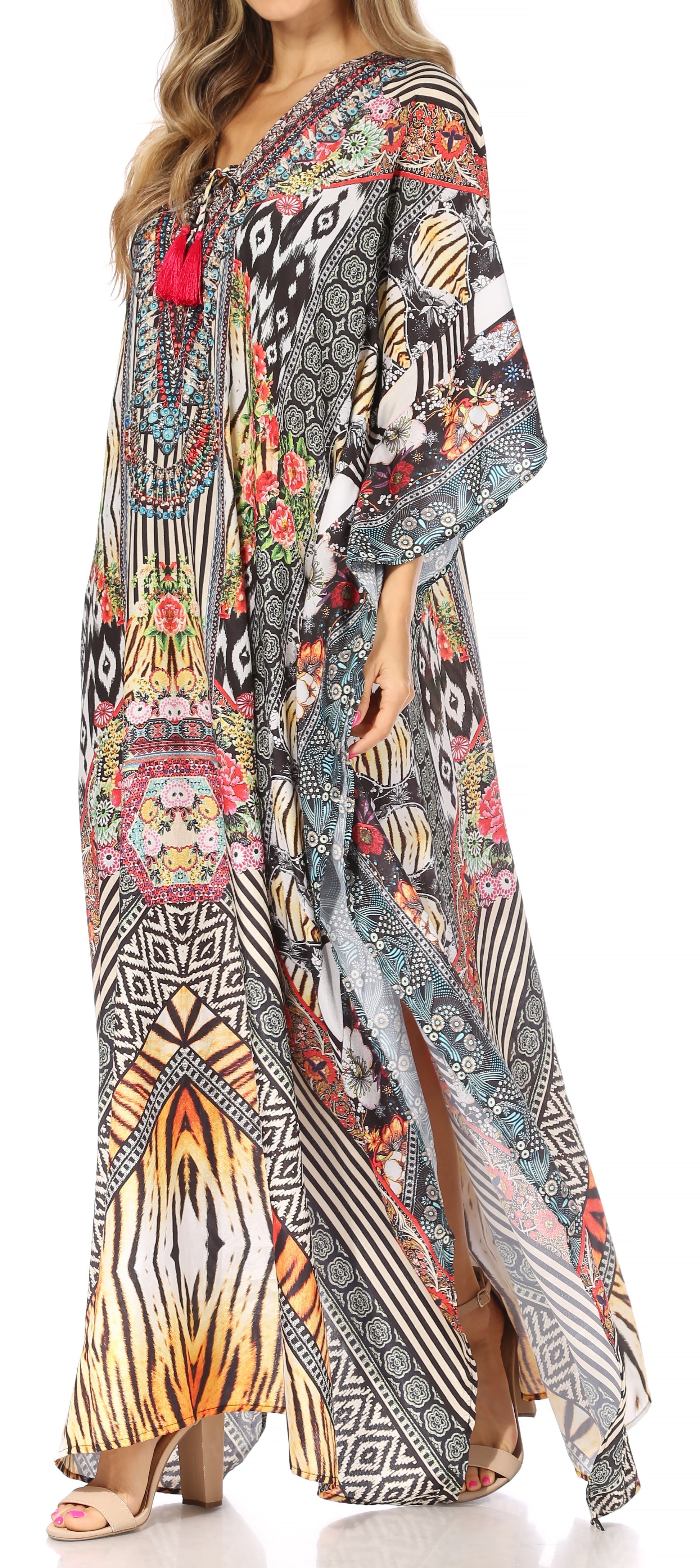 Sakkas Yeni Women's Short Sleeve V-neck Summer Floral Long Caftan Dress Cover-up - Concordia Style Boutique