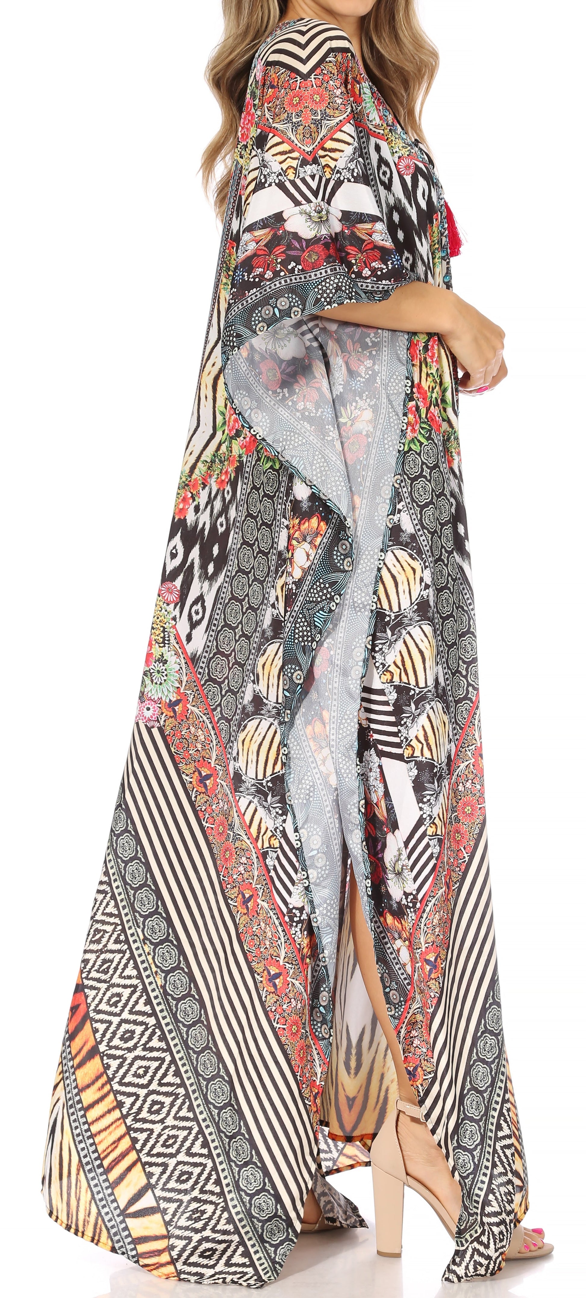 Sakkas Yeni Women's Short Sleeve V-neck Summer Floral Long Caftan Dress Cover-up - Concordia Style Boutique