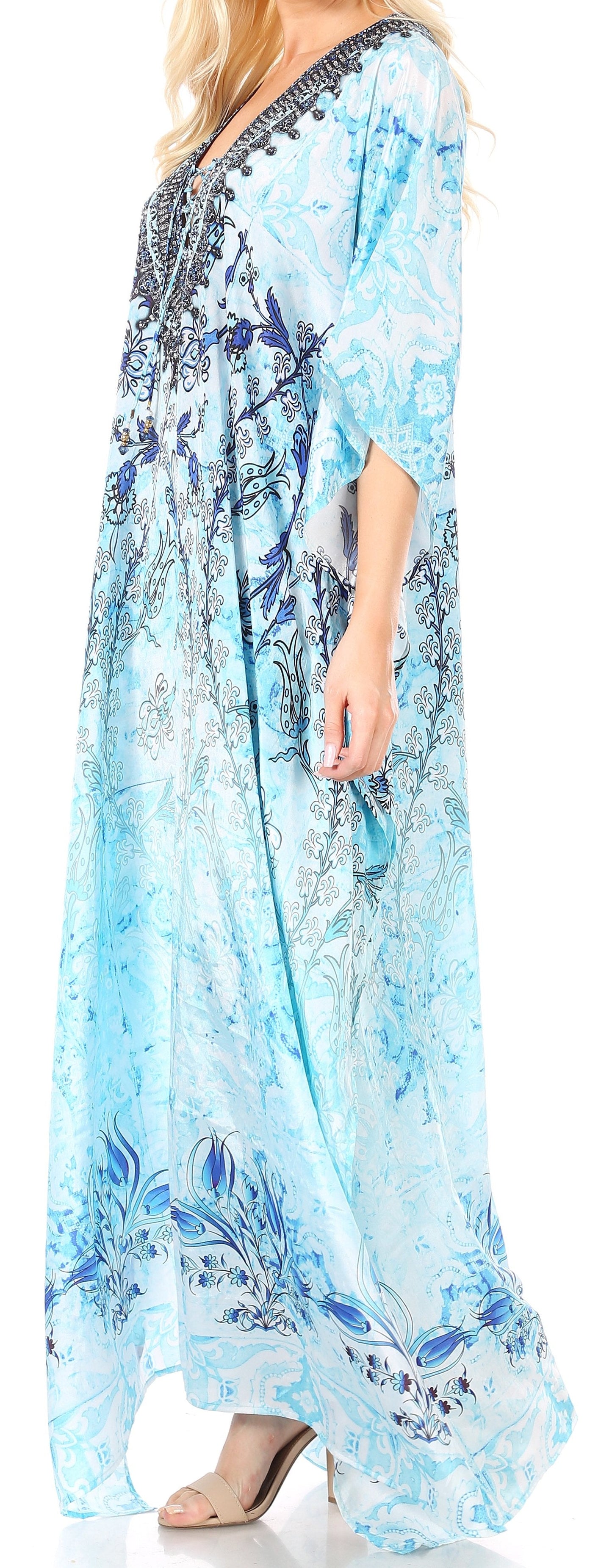 Sakkas Yeni Women's Short Sleeve V-neck Summer Floral Long Caftan Dress Cover-up - Concordia Style Boutique