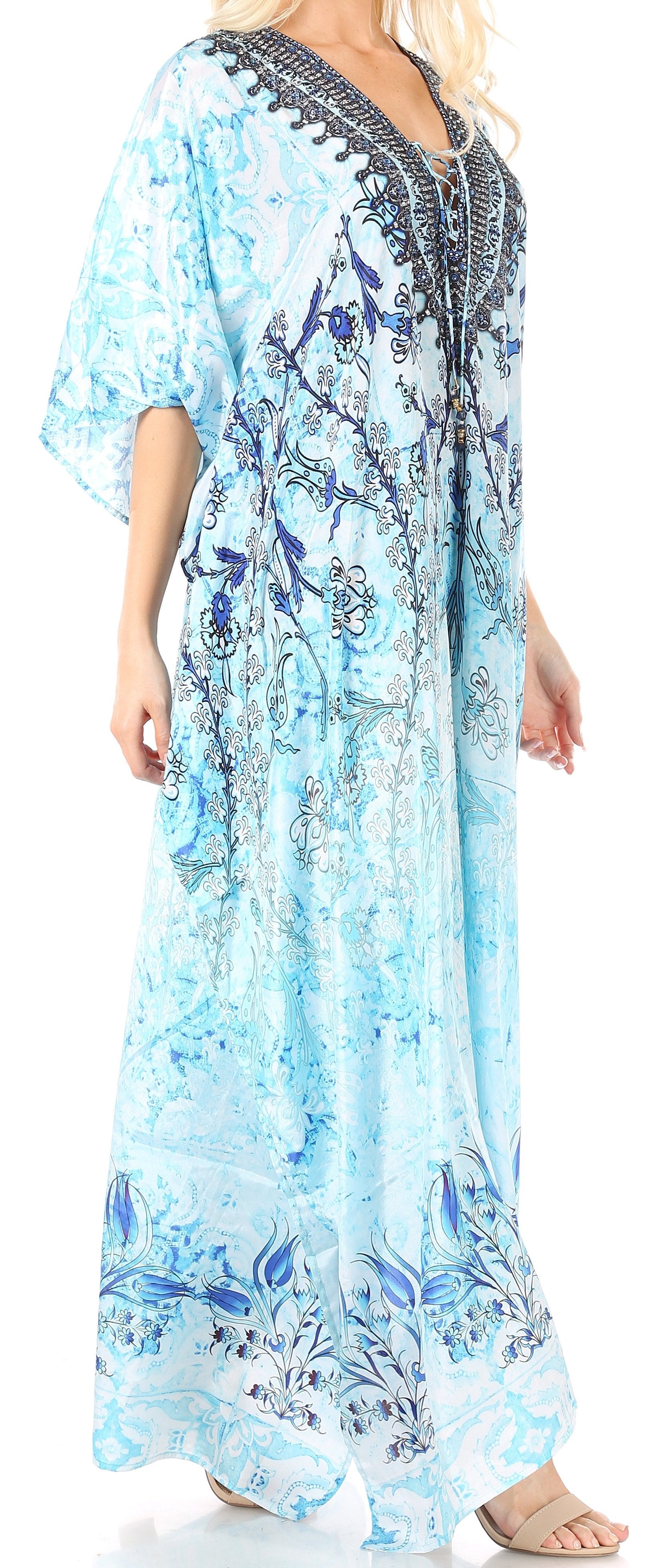 Sakkas Yeni Women's Short Sleeve V-neck Summer Floral Long Caftan Dress Cover-up - Concordia Style Boutique