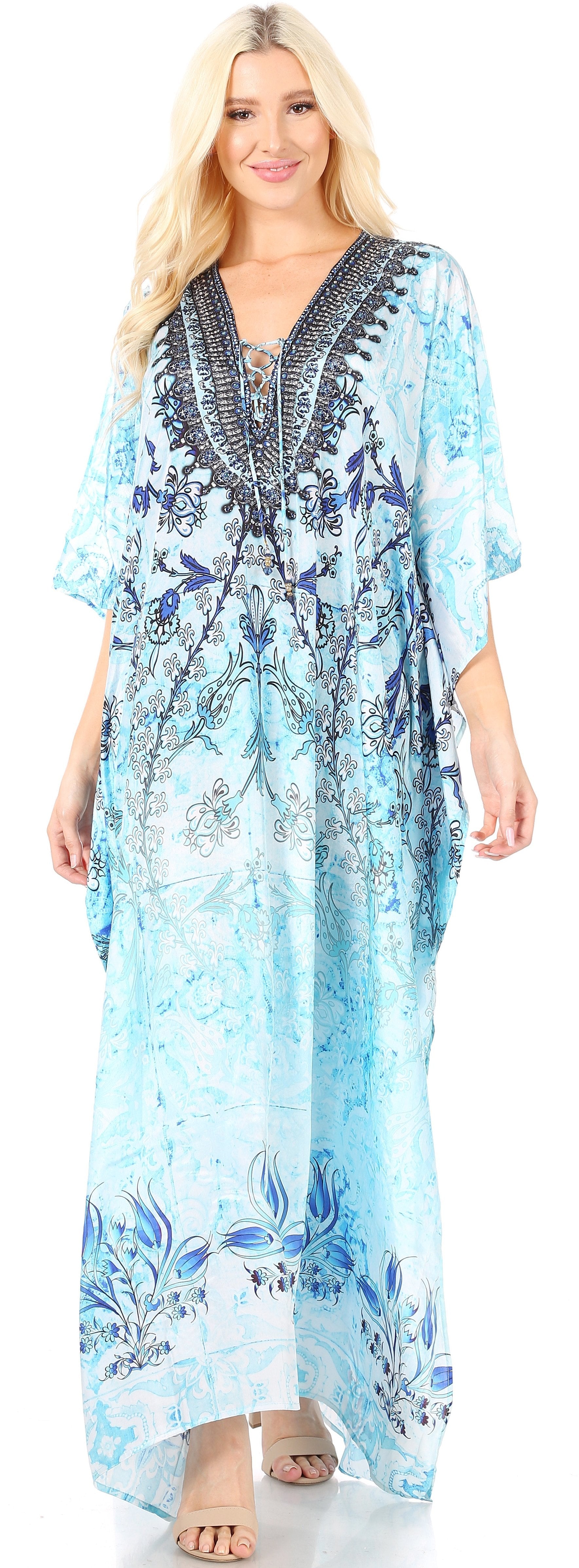 Sakkas Yeni Women's Short Sleeve V-neck Summer Floral Long Caftan Dress Cover-up - Concordia Style Boutique