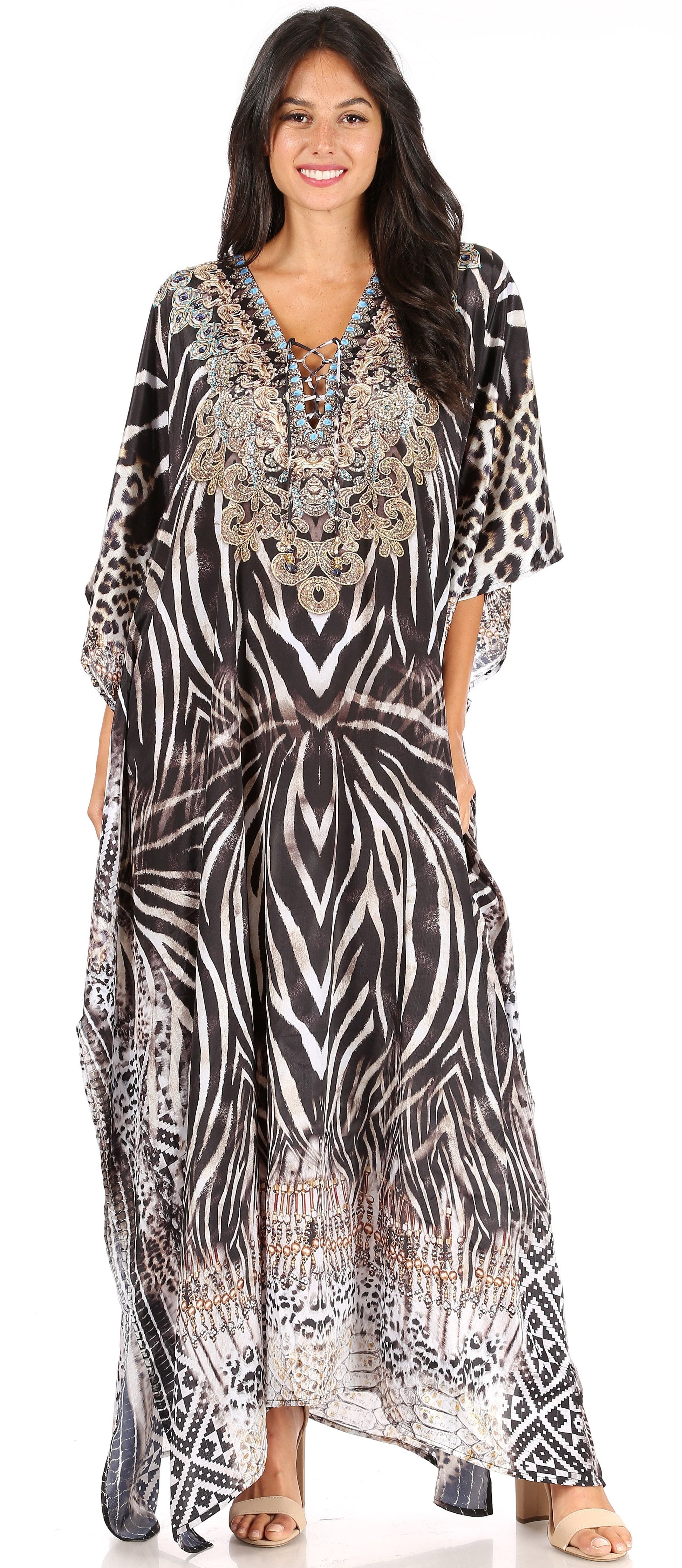 Sakkas Yeni Women's Short Sleeve V-neck Summer Floral Long Caftan Dress Cover-up - Concordia Style Boutique