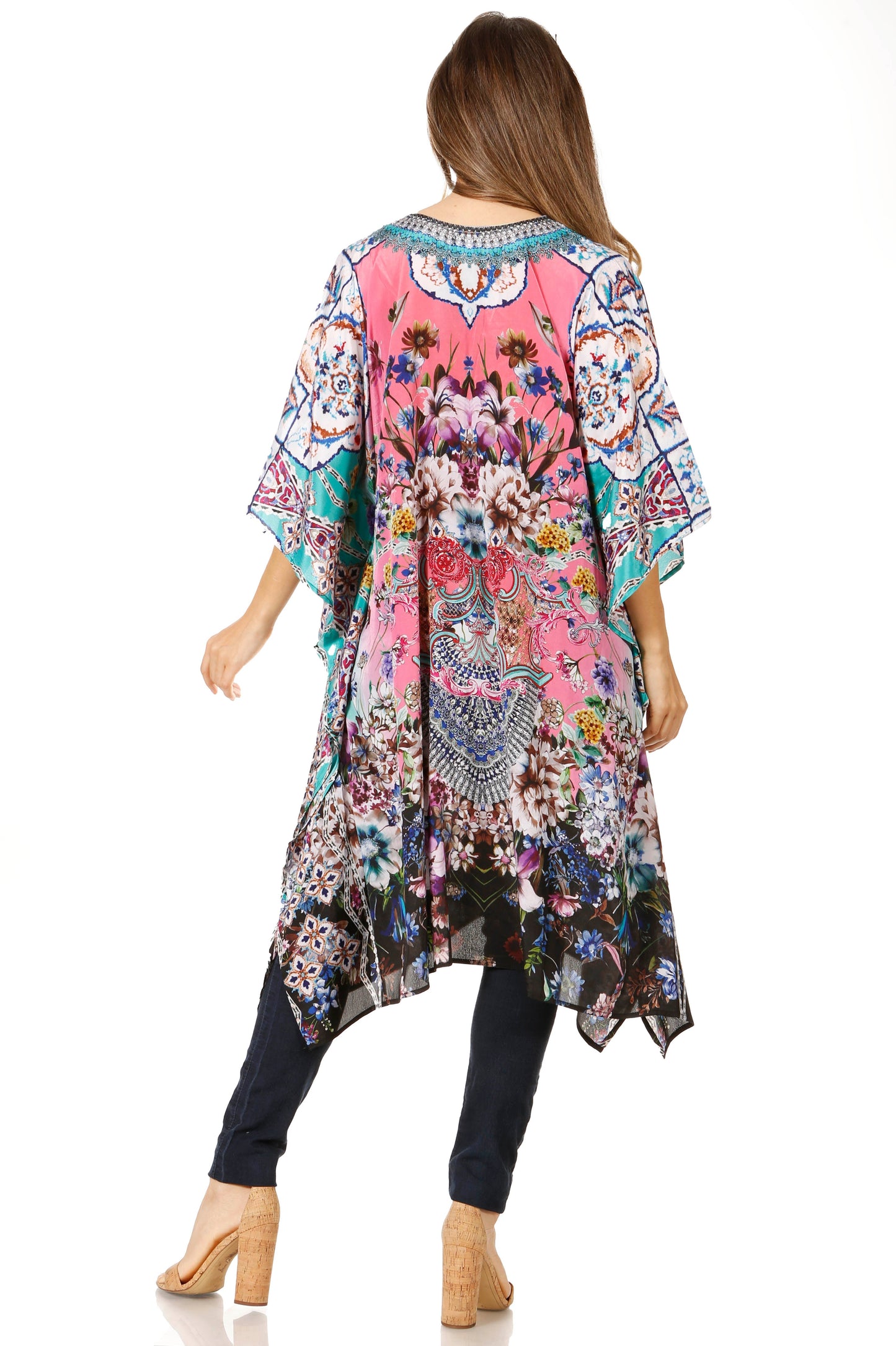 Sakkas Zeni Women's Short sleeve V-neck Summer Floral Print Caftan Dress Cover-up - Concordia Style Boutique