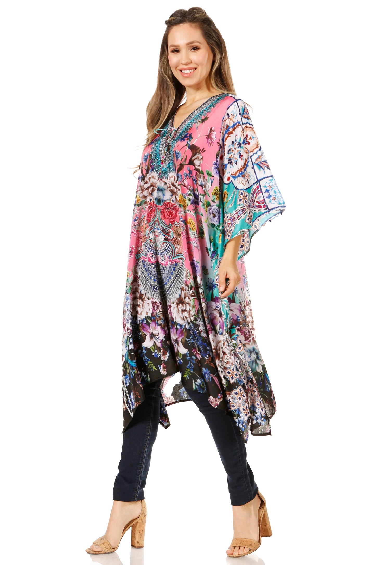 Sakkas Zeni Women's Short sleeve V-neck Summer Floral Print Caftan Dress Cover-up - Concordia Style Boutique