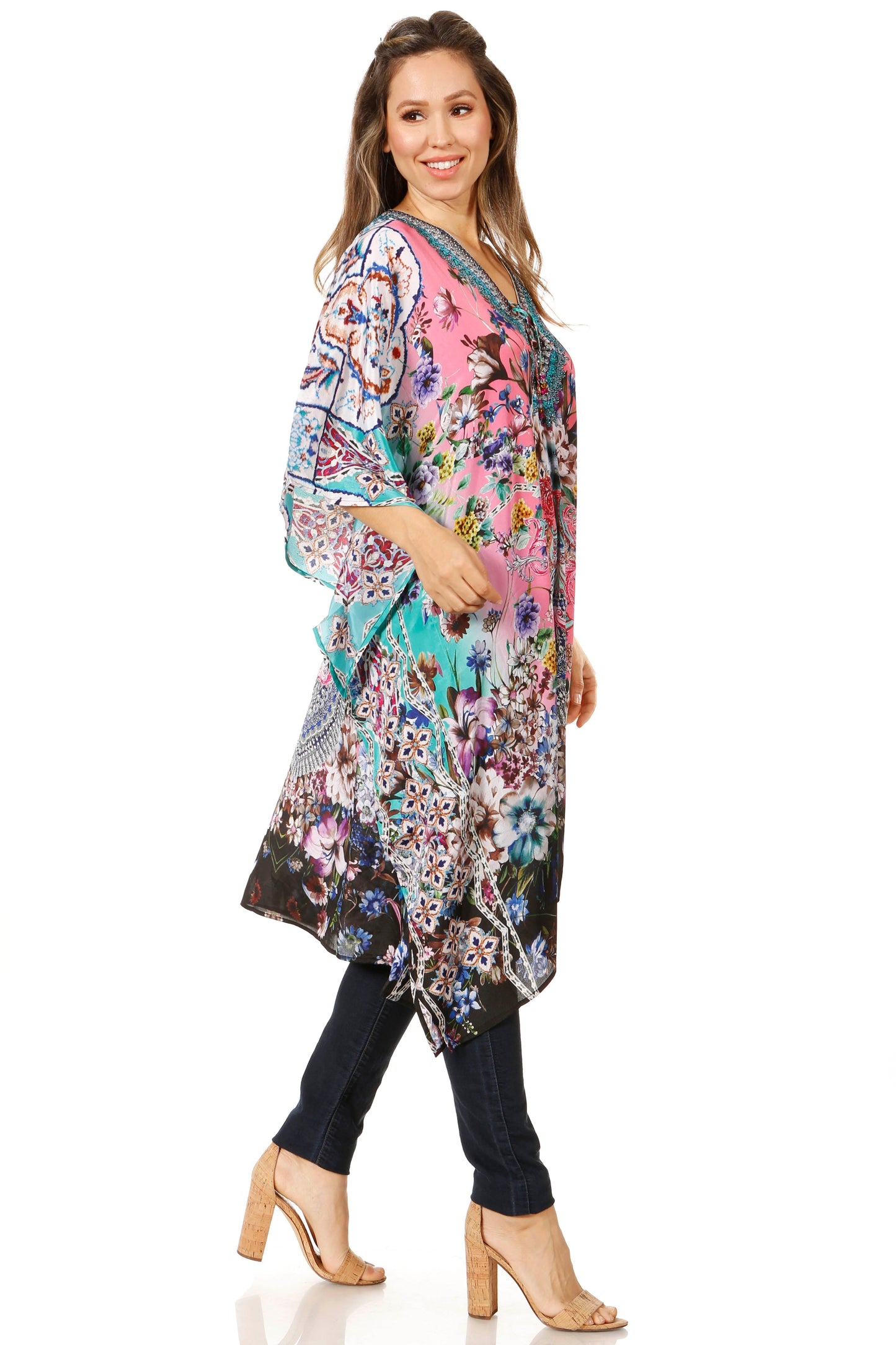 Sakkas Zeni Women's Short sleeve V-neck Summer Floral Print Caftan Dress Cover-up - Concordia Style Boutique