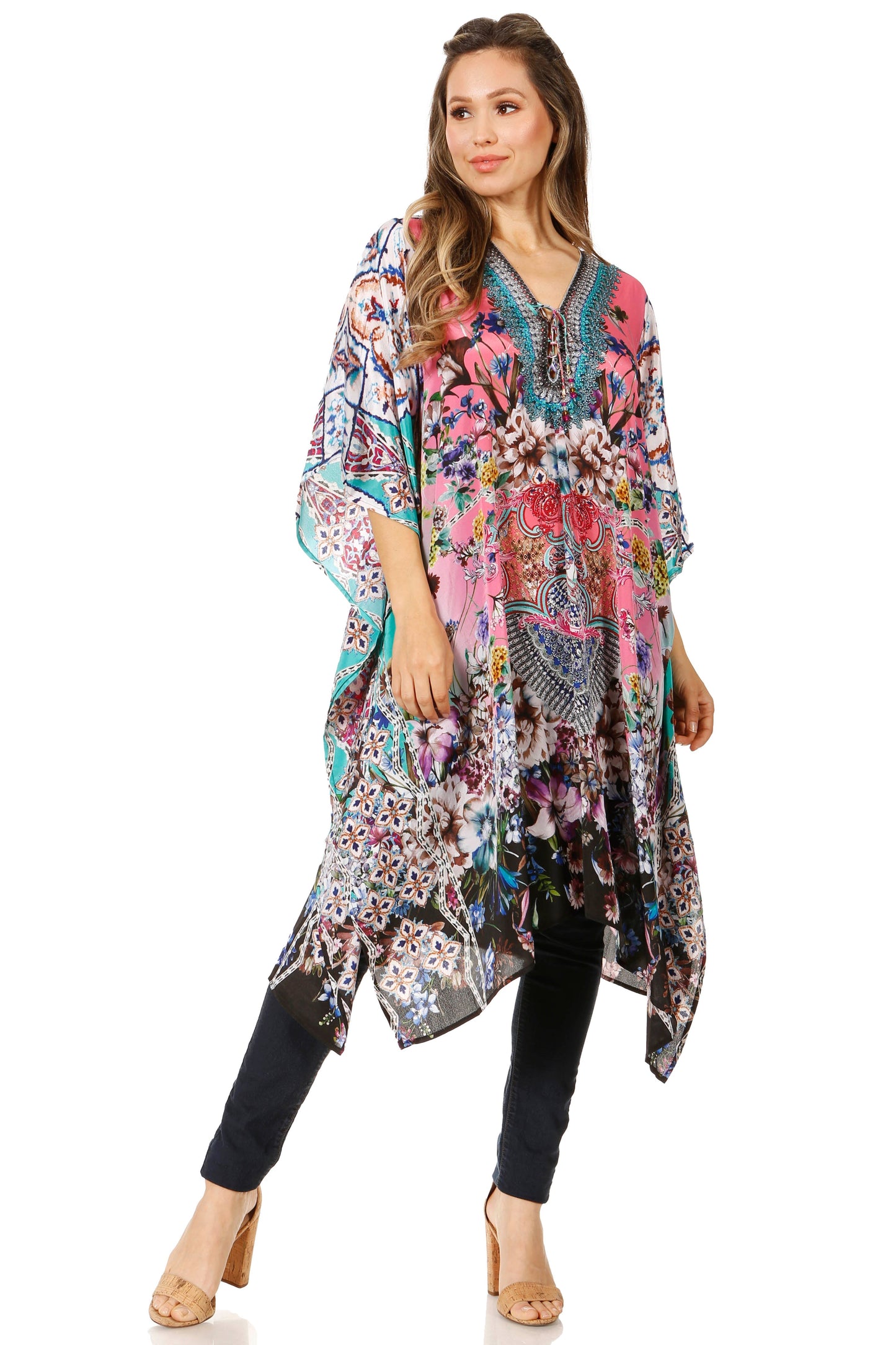 Sakkas Zeni Women's Short sleeve V-neck Summer Floral Print Caftan Dress Cover-up - Concordia Style Boutique