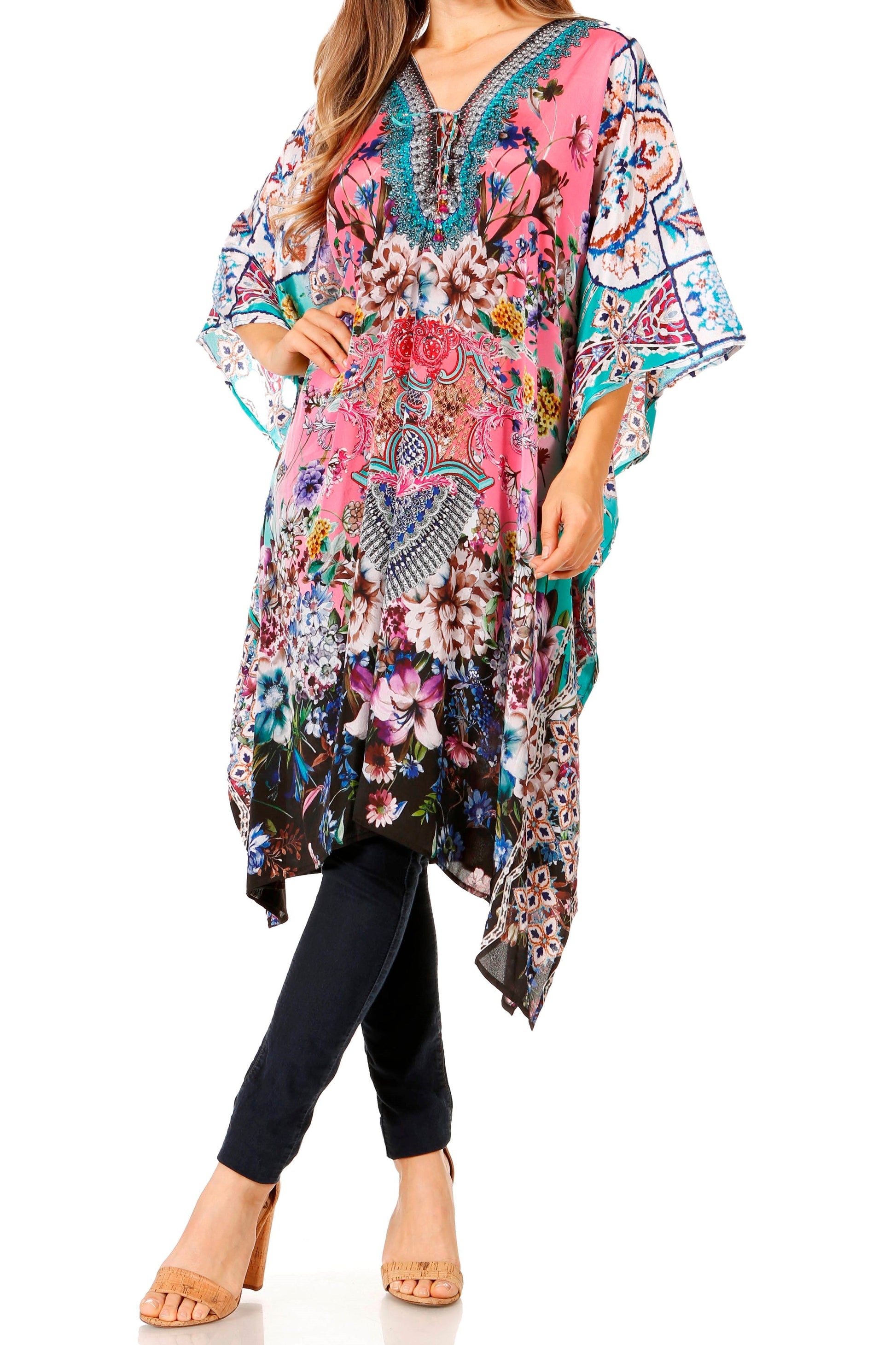 Sakkas Zeni Women's Short sleeve V-neck Summer Floral Print Caftan Dress Cover-up - Concordia Style Boutique