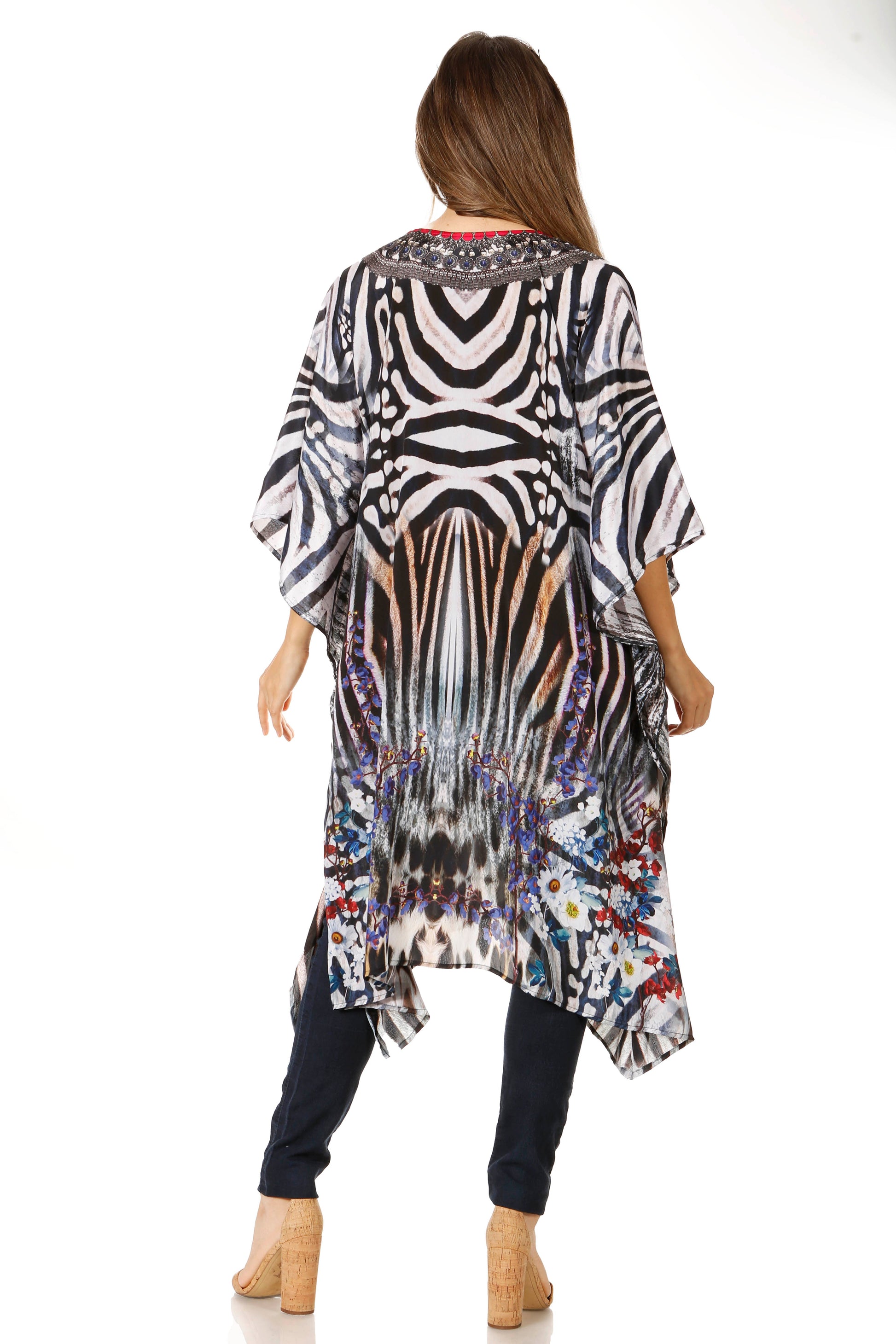 Sakkas Zeni Women's Short sleeve V-neck Summer Floral Print Caftan Dress Cover-up - Concordia Style Boutique