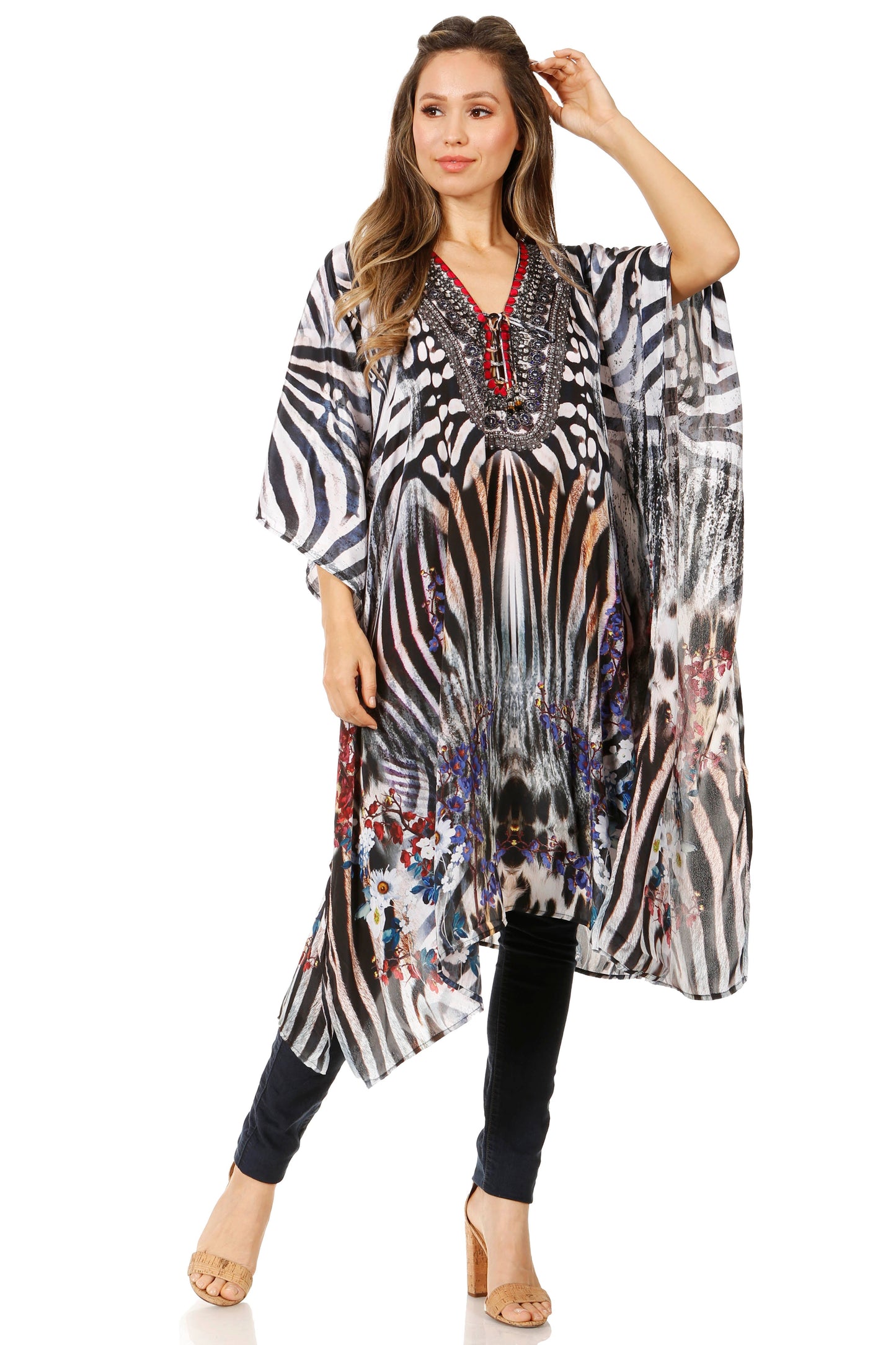 Sakkas Zeni Women's Short sleeve V-neck Summer Floral Print Caftan Dress Cover-up - Concordia Style Boutique