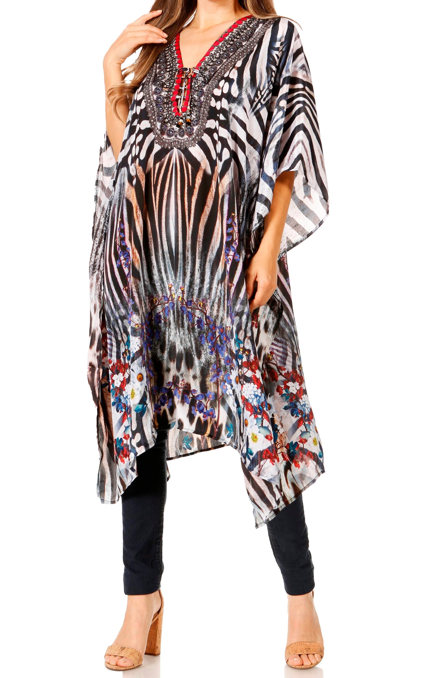 Sakkas Zeni Women's Short sleeve V-neck Summer Floral Print Caftan Dress Cover-up - Concordia Style Boutique
