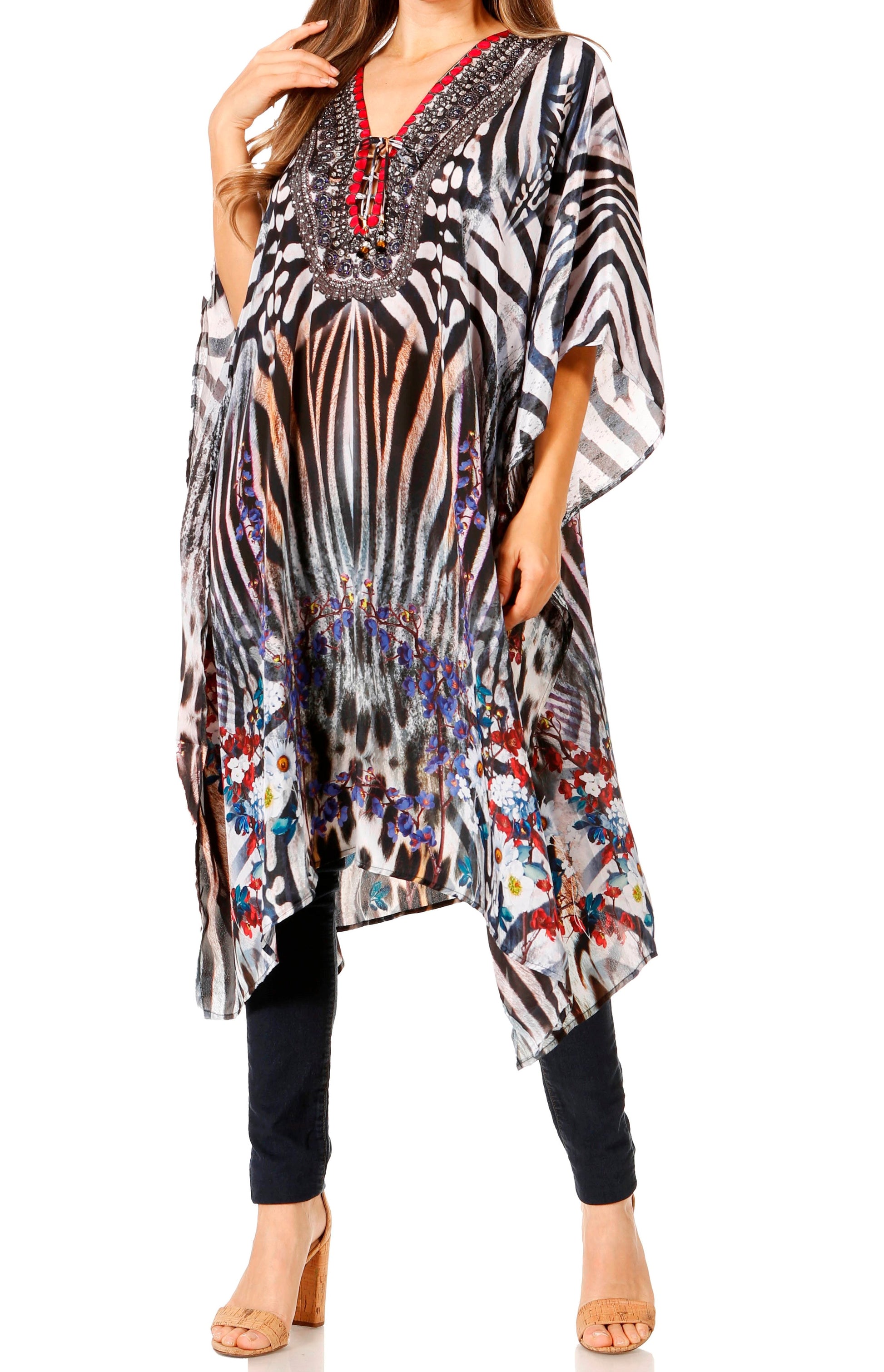 Sakkas Zeni Women's Short sleeve V-neck Summer Floral Print Caftan Dress Cover-up - Concordia Style Boutique