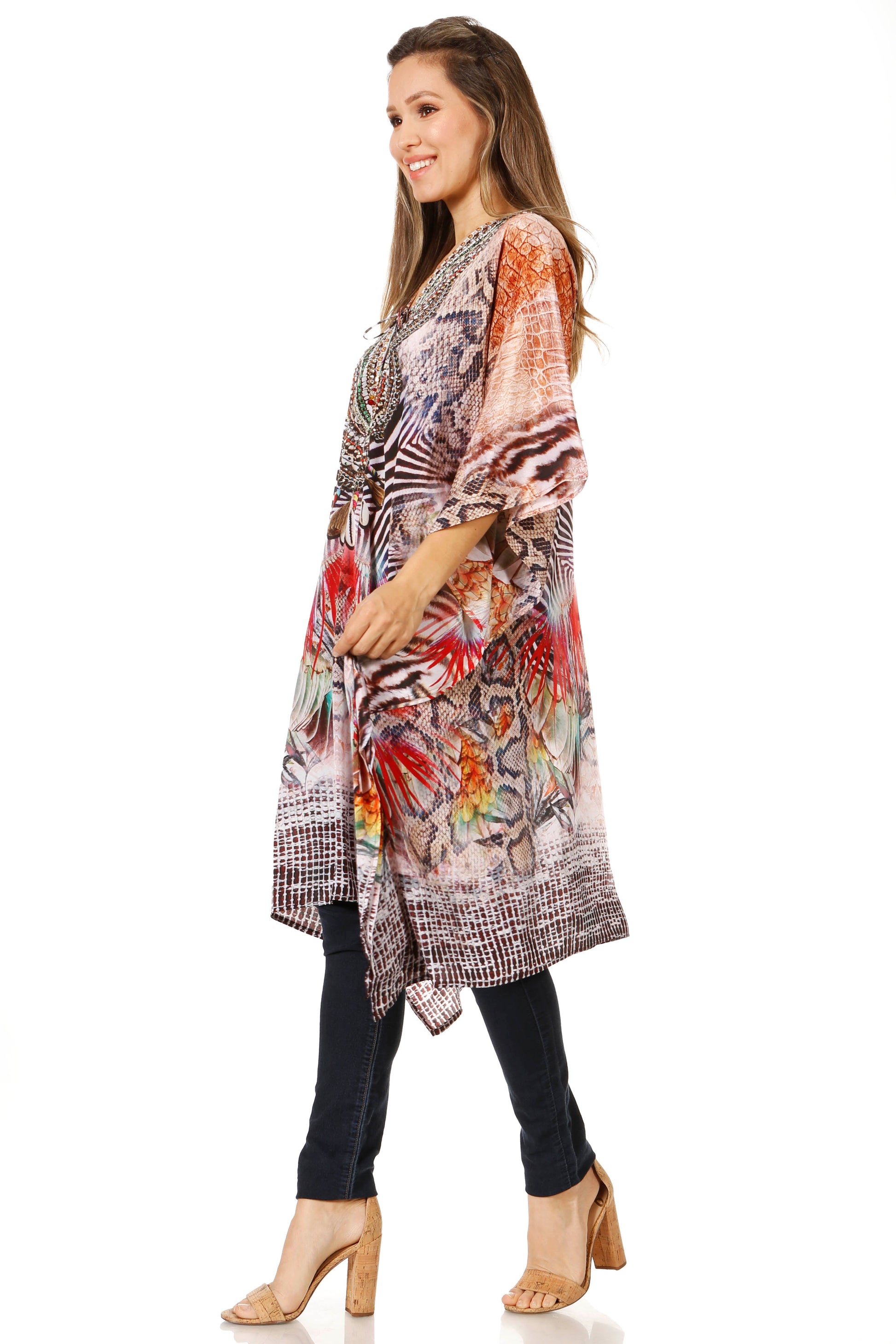 Sakkas Zeni Women's Short sleeve V-neck Summer Floral Print Caftan Dress Cover-up - Concordia Style Boutique