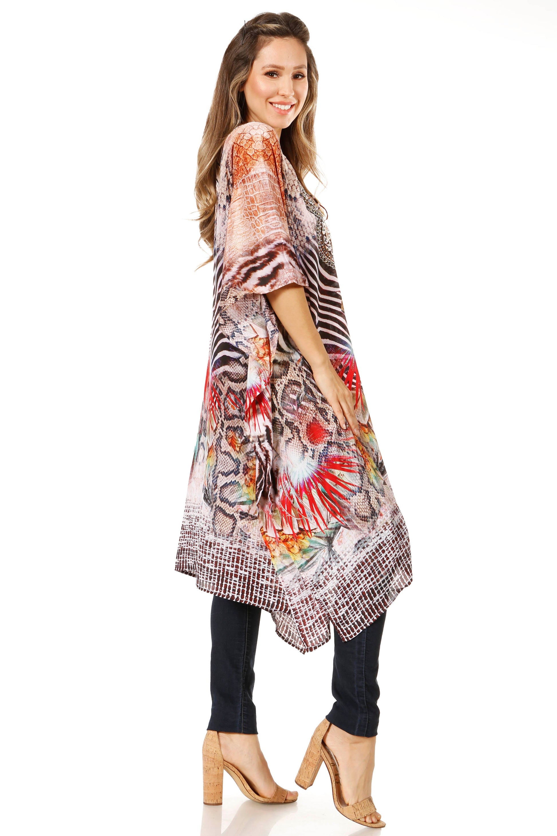 Sakkas Zeni Women's Short sleeve V-neck Summer Floral Print Caftan Dress Cover-up - Concordia Style Boutique