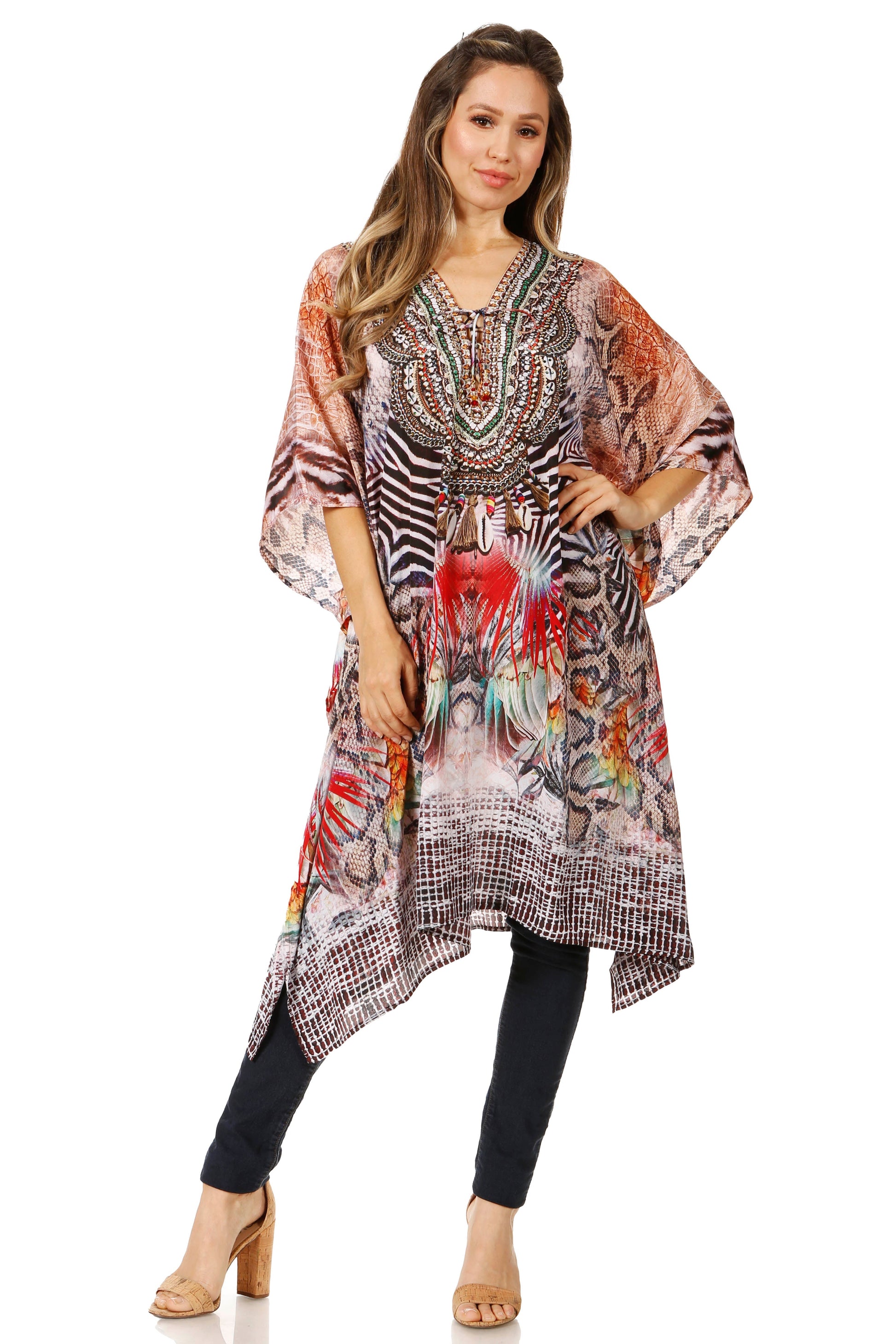 Sakkas Zeni Women's Short sleeve V-neck Summer Floral Print Caftan Dress Cover-up - Concordia Style Boutique