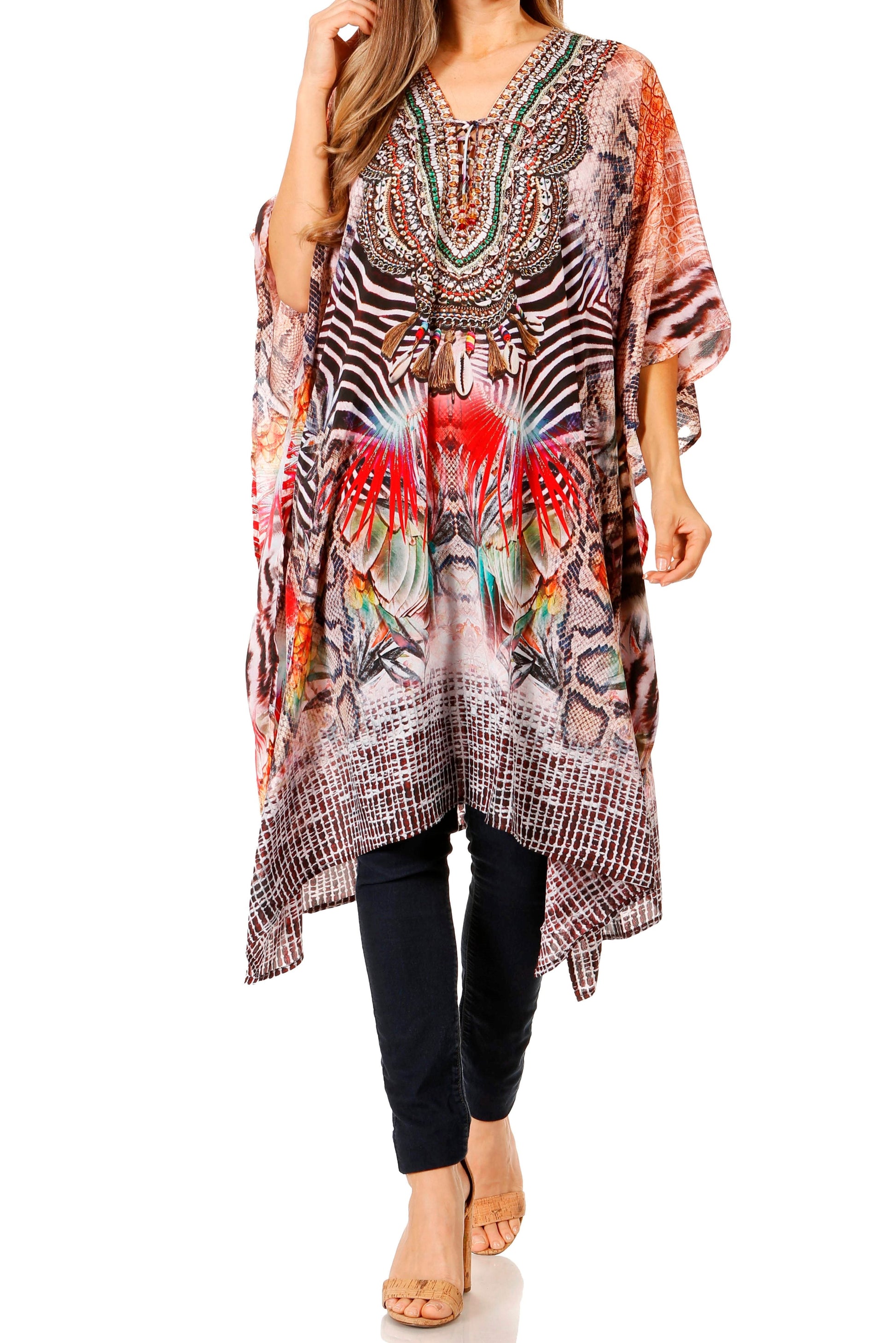 Sakkas Zeni Women's Short sleeve V-neck Summer Floral Print Caftan Dress Cover-up - Concordia Style Boutique