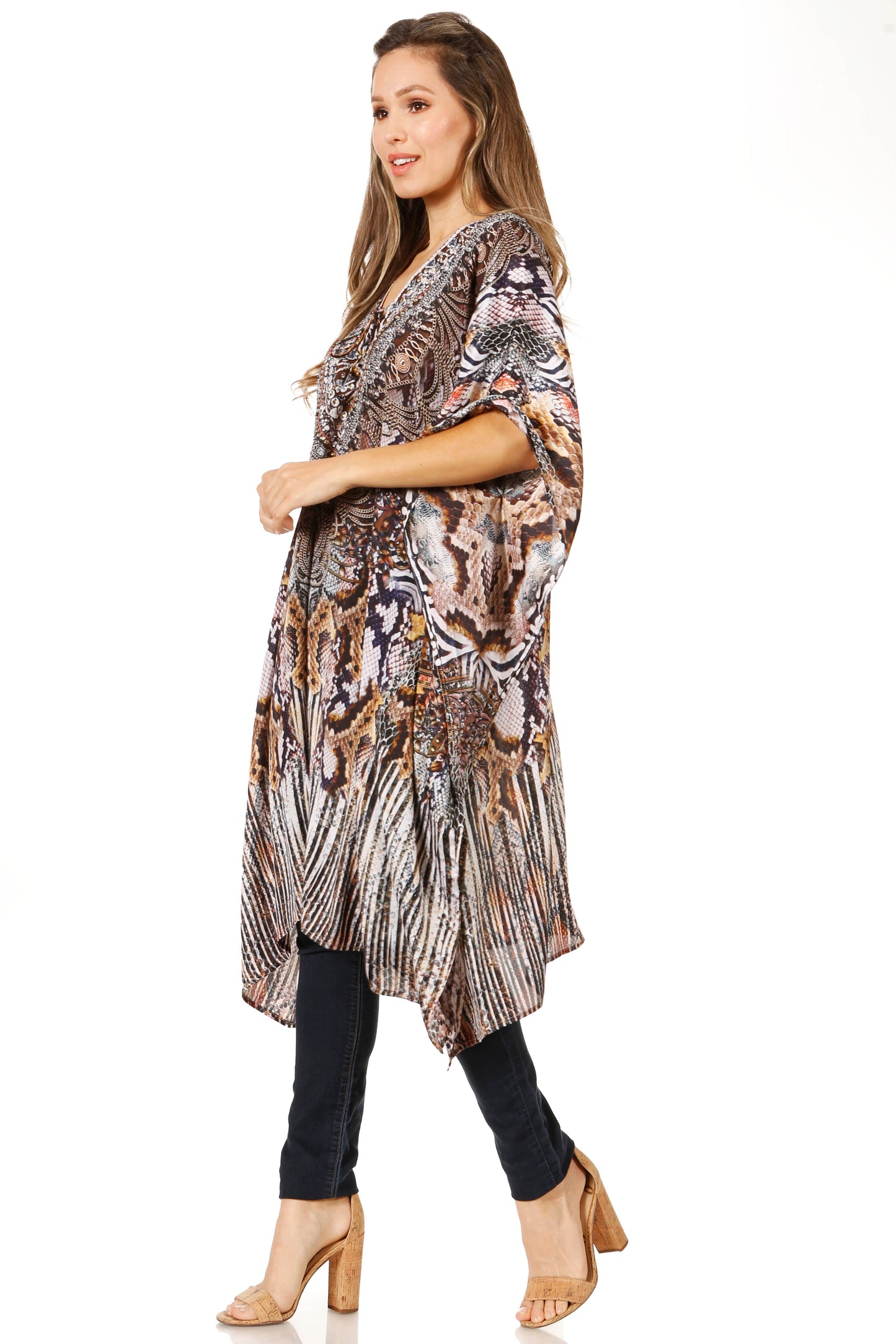 Sakkas Zeni Women's Short sleeve V-neck Summer Floral Print Caftan Dress Cover-up - Concordia Style Boutique