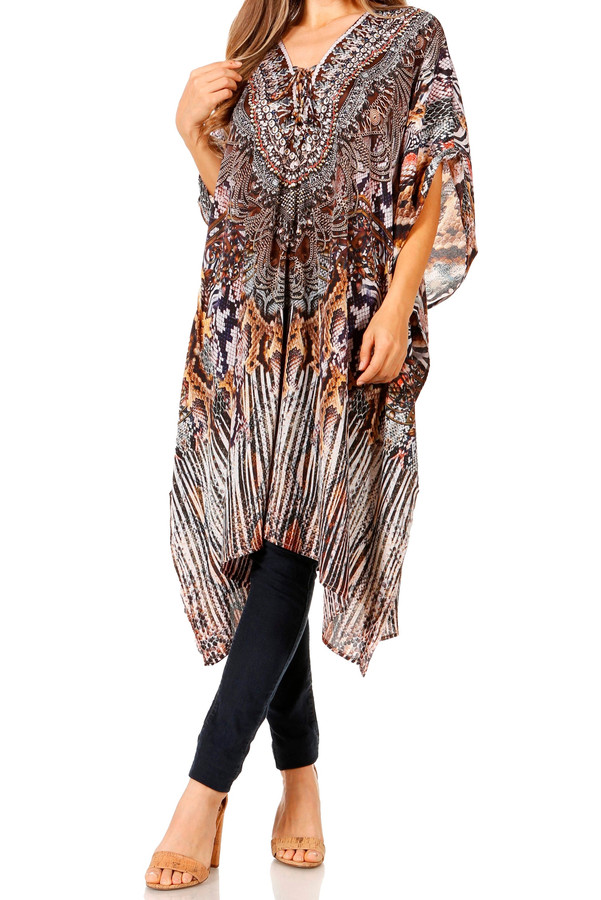 Sakkas Zeni Women's Short sleeve V-neck Summer Floral Print Caftan Dress Cover-up - Concordia Style Boutique
