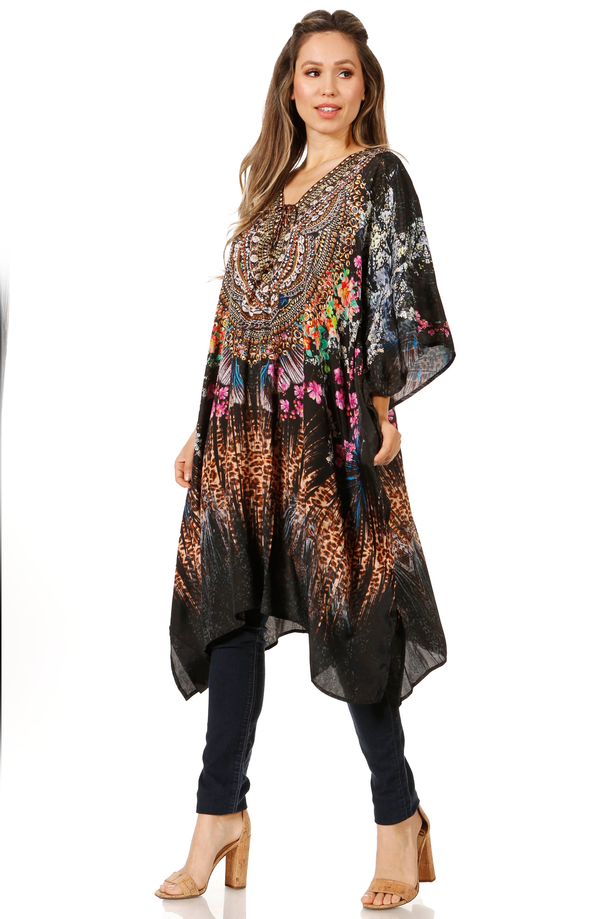 Sakkas Zeni Women's Short sleeve V-neck Summer Floral Print Caftan Dress Cover-up - Concordia Style Boutique