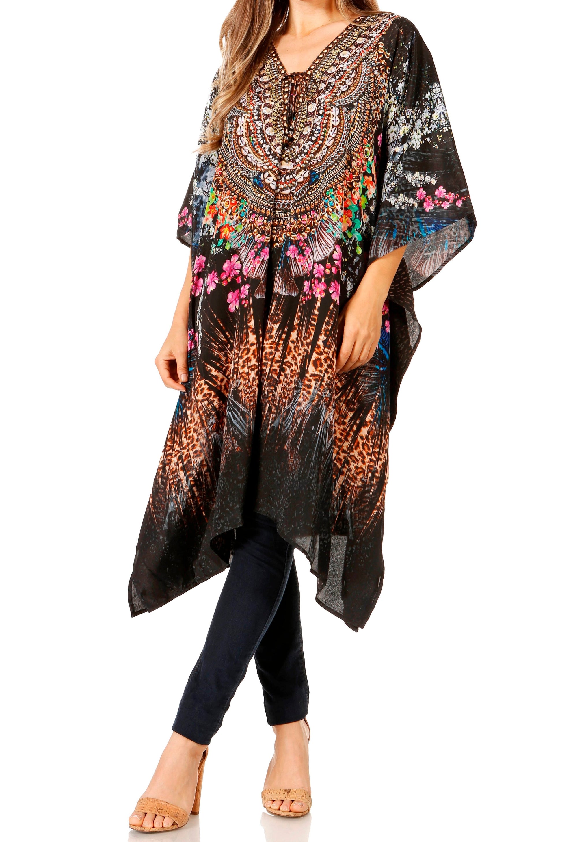 Sakkas Zeni Women's Short sleeve V-neck Summer Floral Print Caftan Dress Cover-up - Concordia Style Boutique