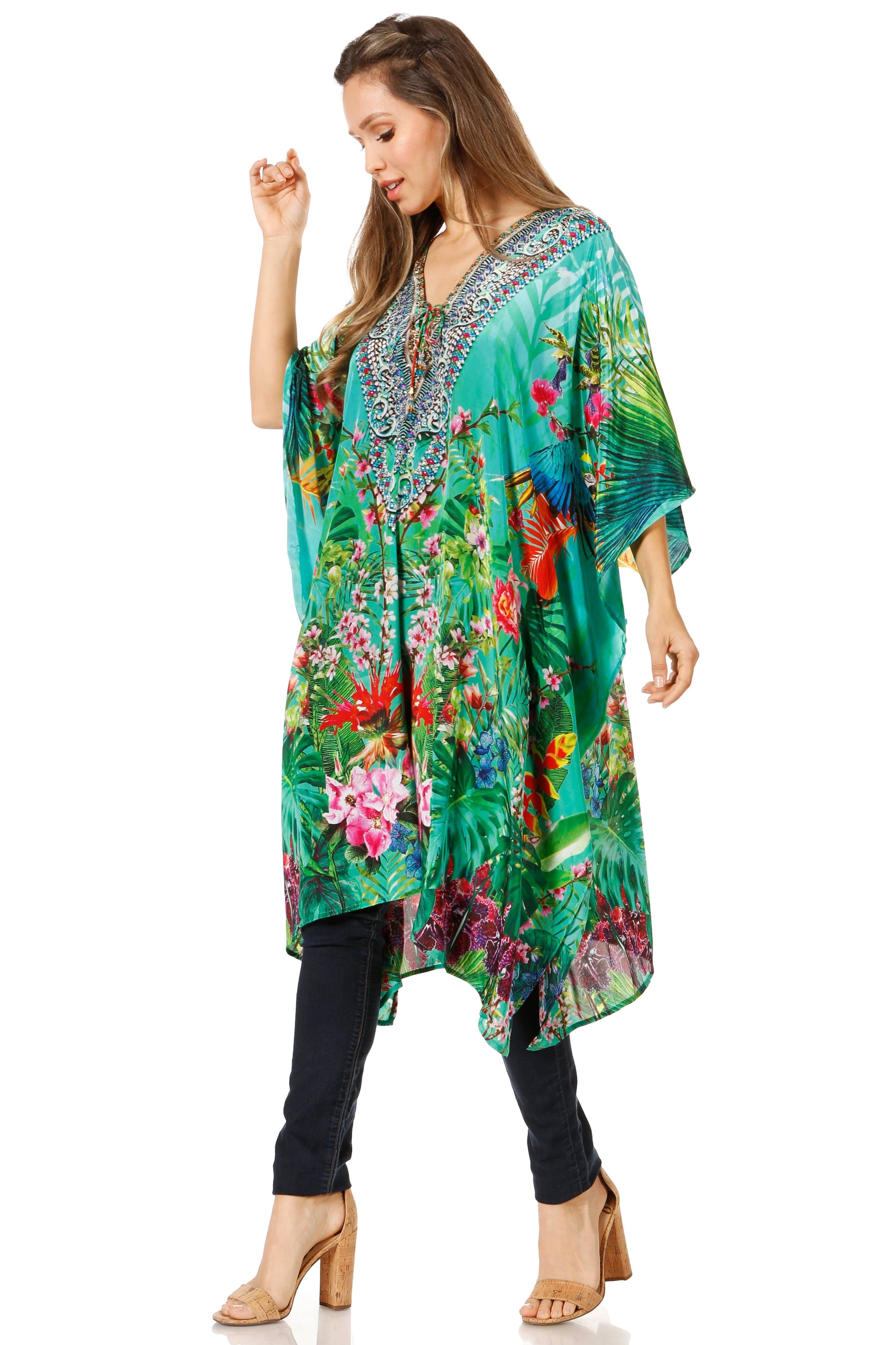 Sakkas Zeni Women's Short sleeve V-neck Summer Floral Print Caftan Dress Cover-up - Concordia Style Boutique