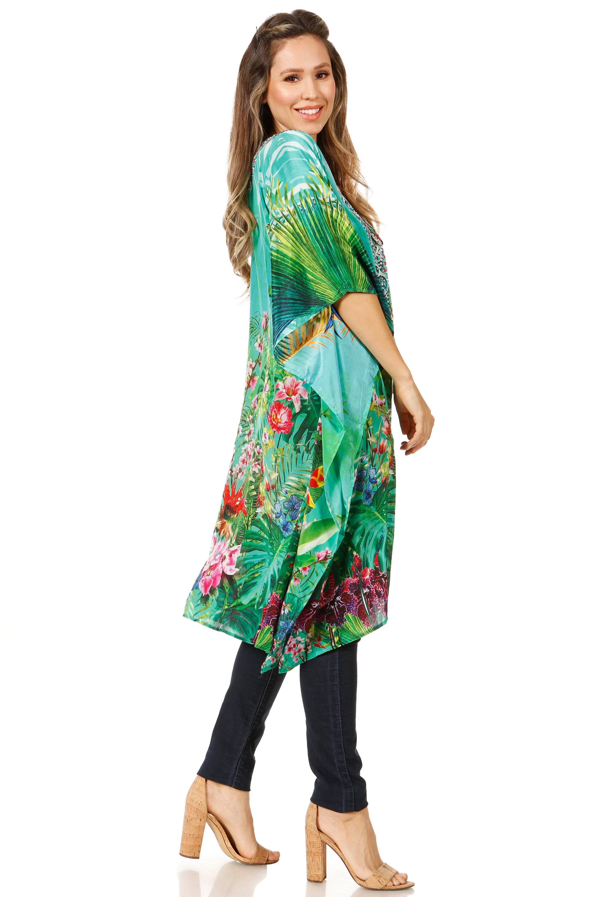 Sakkas Zeni Women's Short sleeve V-neck Summer Floral Print Caftan Dress Cover-up - Concordia Style Boutique