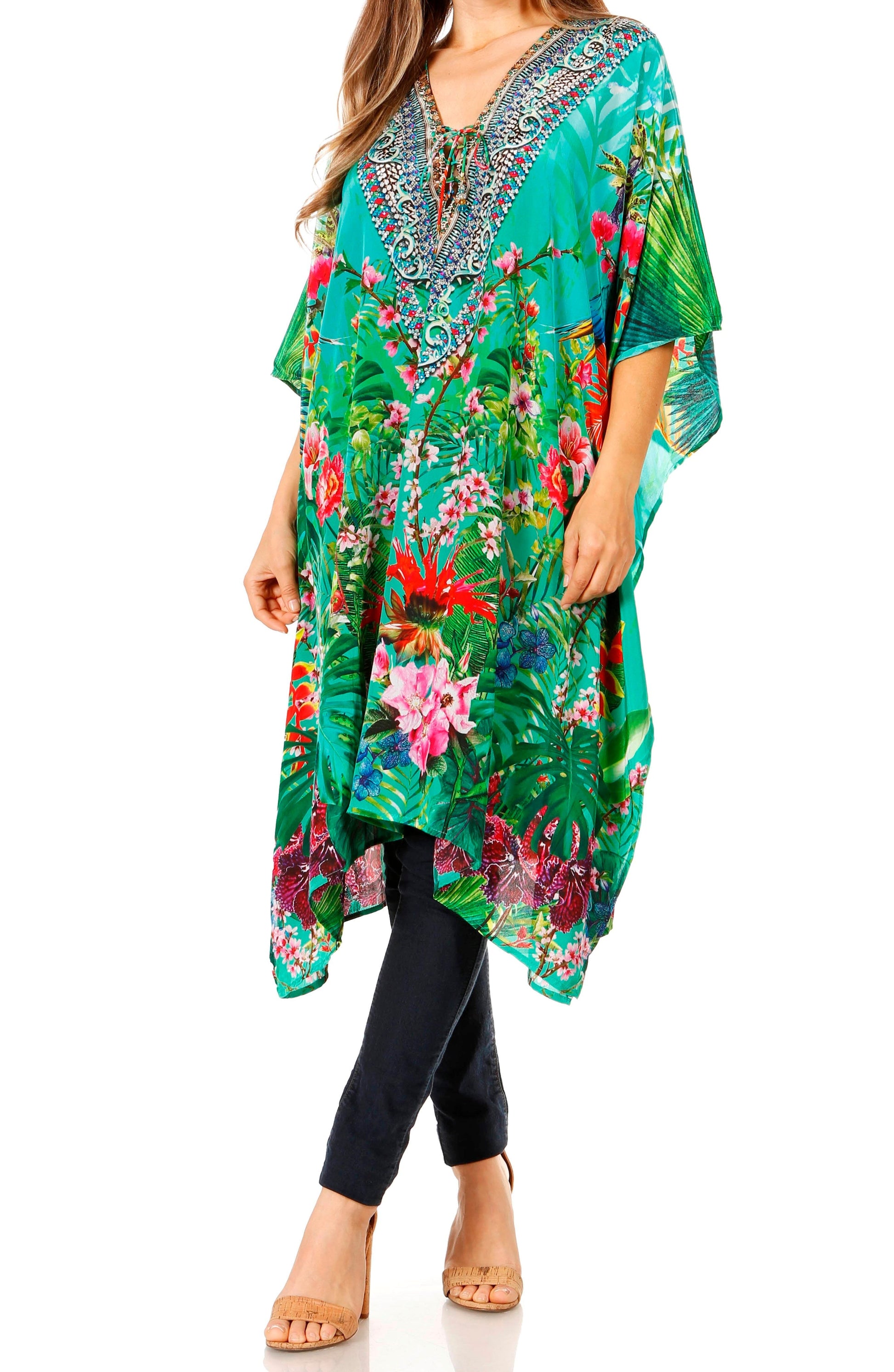 Sakkas Zeni Women's Short sleeve V-neck Summer Floral Print Caftan Dress Cover-up - Concordia Style Boutique