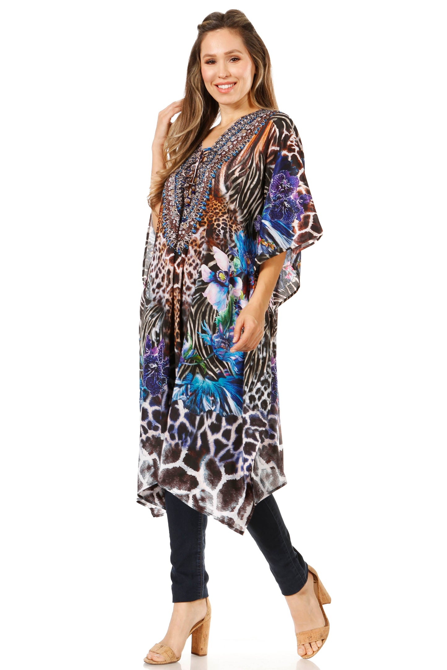 Sakkas Zeni Women's Short sleeve V-neck Summer Floral Print Caftan Dress Cover-up - Concordia Style Boutique