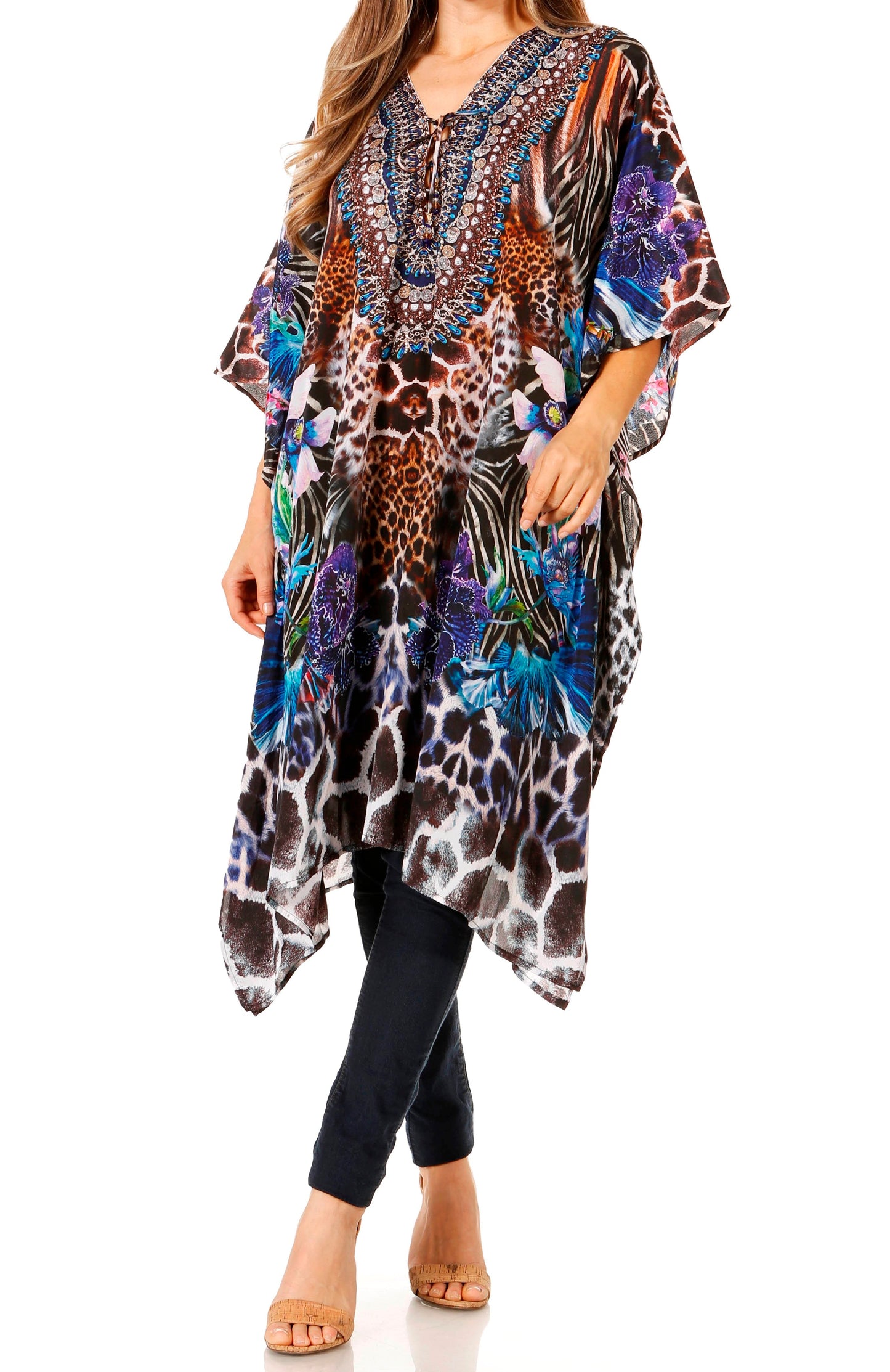 Sakkas Zeni Women's Short sleeve V-neck Summer Floral Print Caftan Dress Cover-up - Concordia Style Boutique