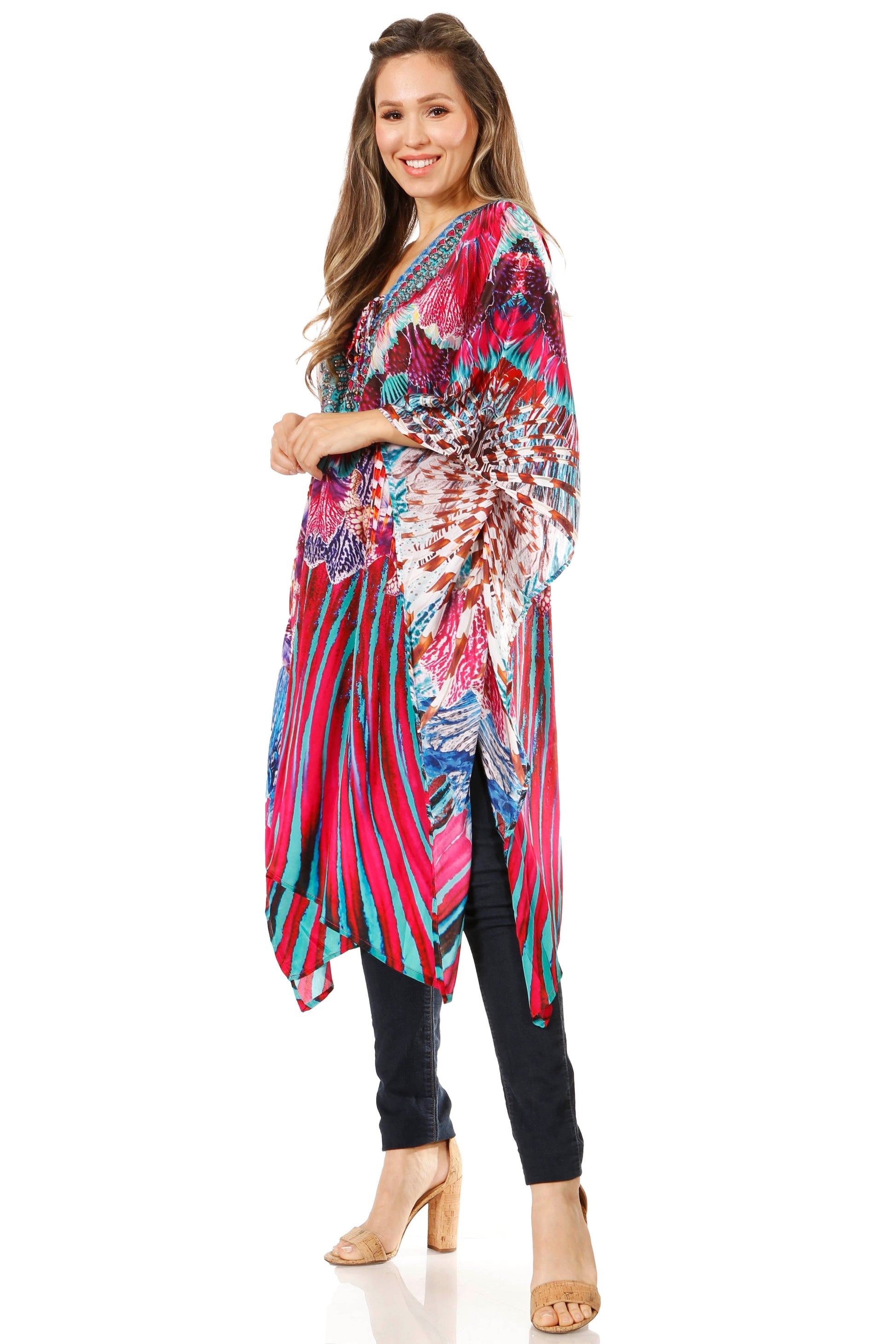 Sakkas Zeni Women's Short sleeve V-neck Summer Floral Print Caftan Dress Cover-up - Concordia Style Boutique