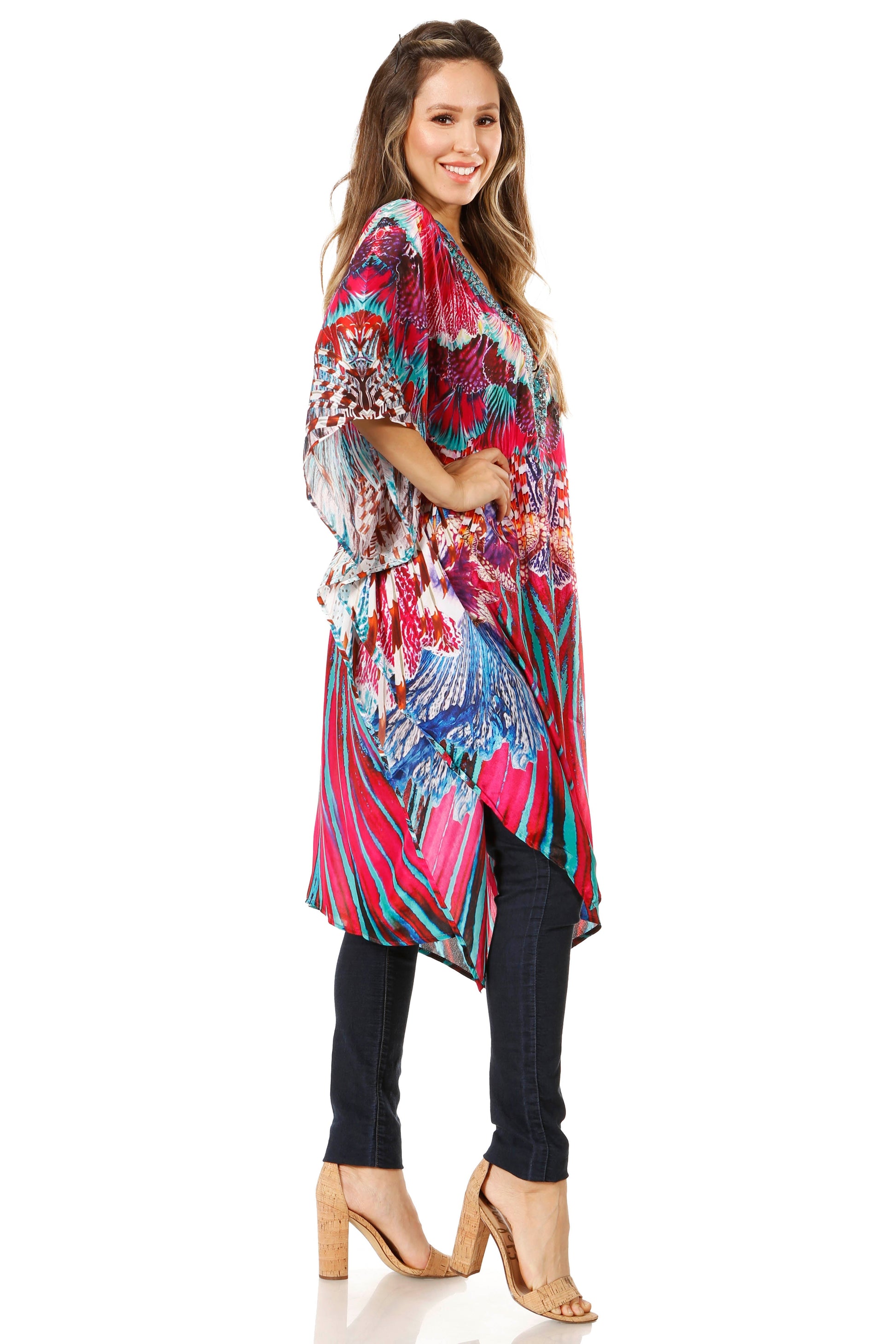Sakkas Zeni Women's Short sleeve V-neck Summer Floral Print Caftan Dress Cover-up - Concordia Style Boutique